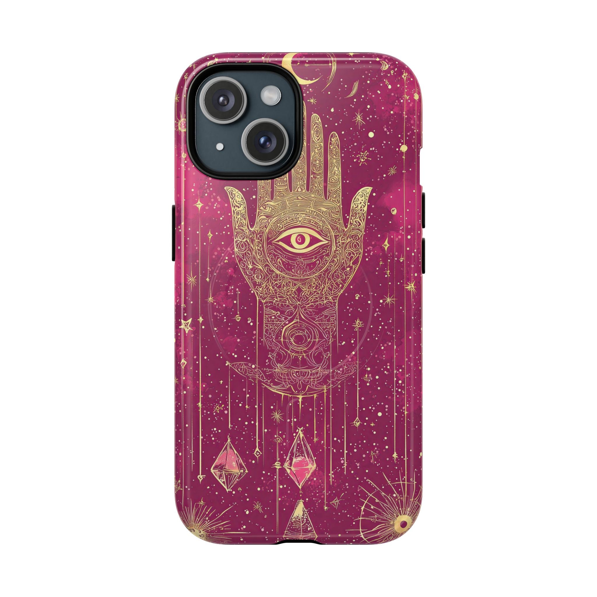 Custodia MagSafe per iPhone Mystic Hamsa | Palma dorata e occhio onniveggente su galassia magenta