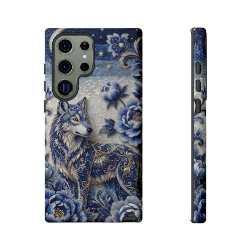 Blue Floral Wolf Tough Samsung Galaxy Phone Case | Moonlit Wolf Protective Cover