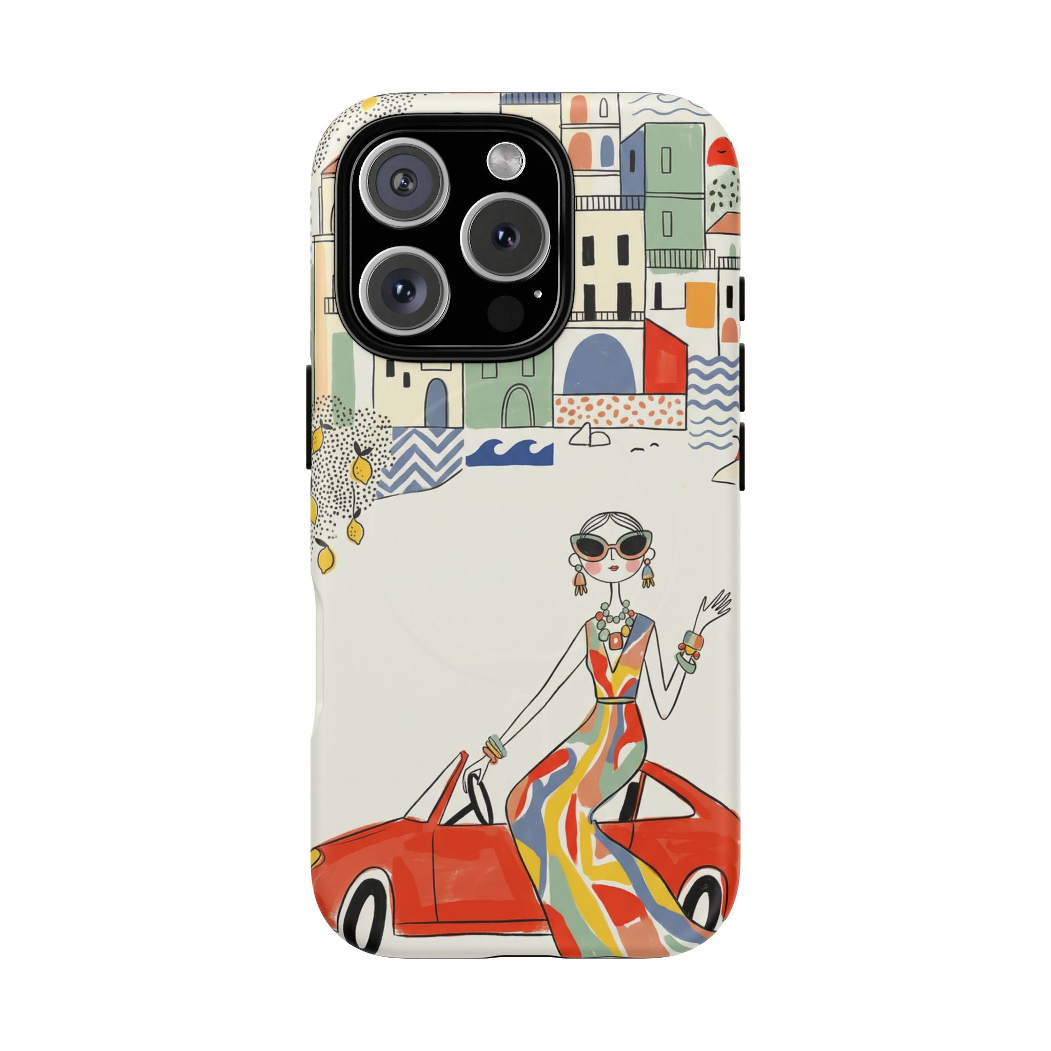 Stylish Riviera MagSafe iPhone Case | Chic Retro Woman in Convertible Design