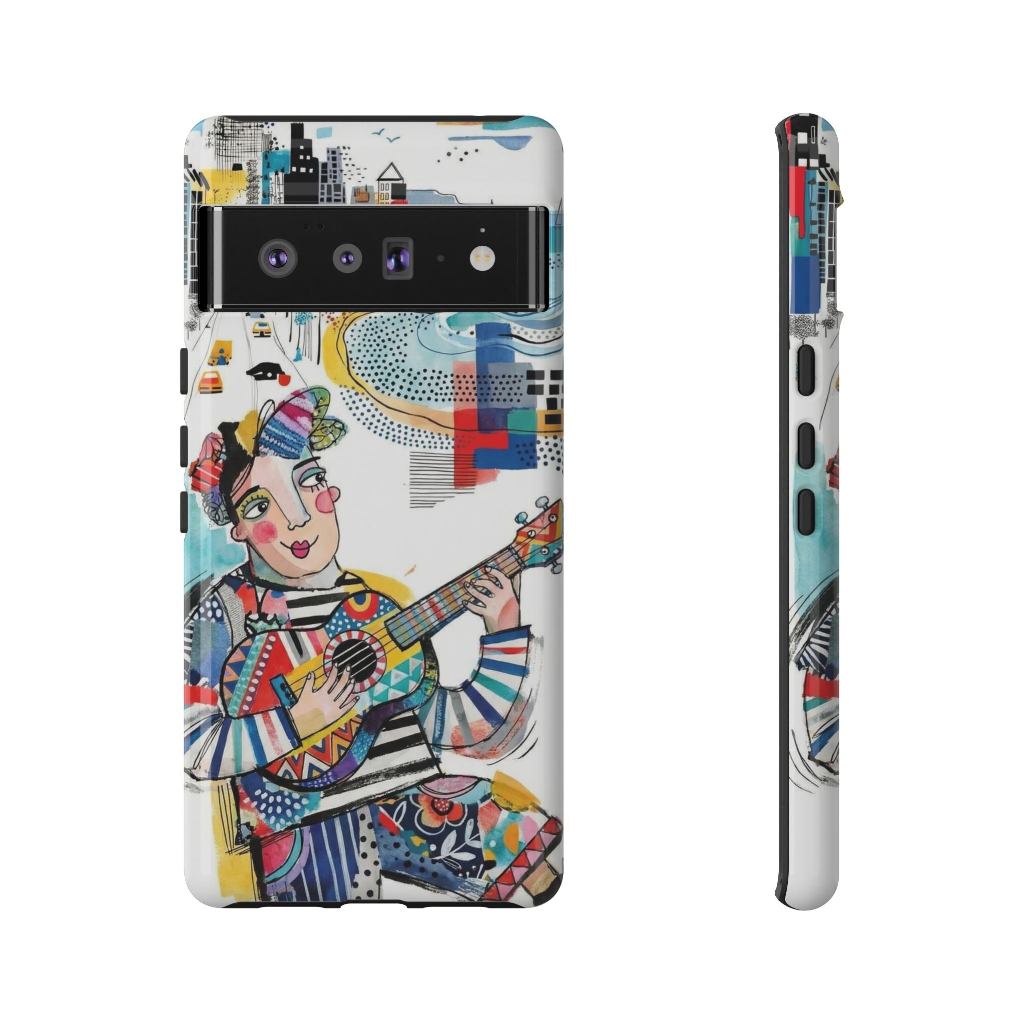 Artistic Musician Google Pixel Phone Case | Colorful Guitar Cityscape Tough Case