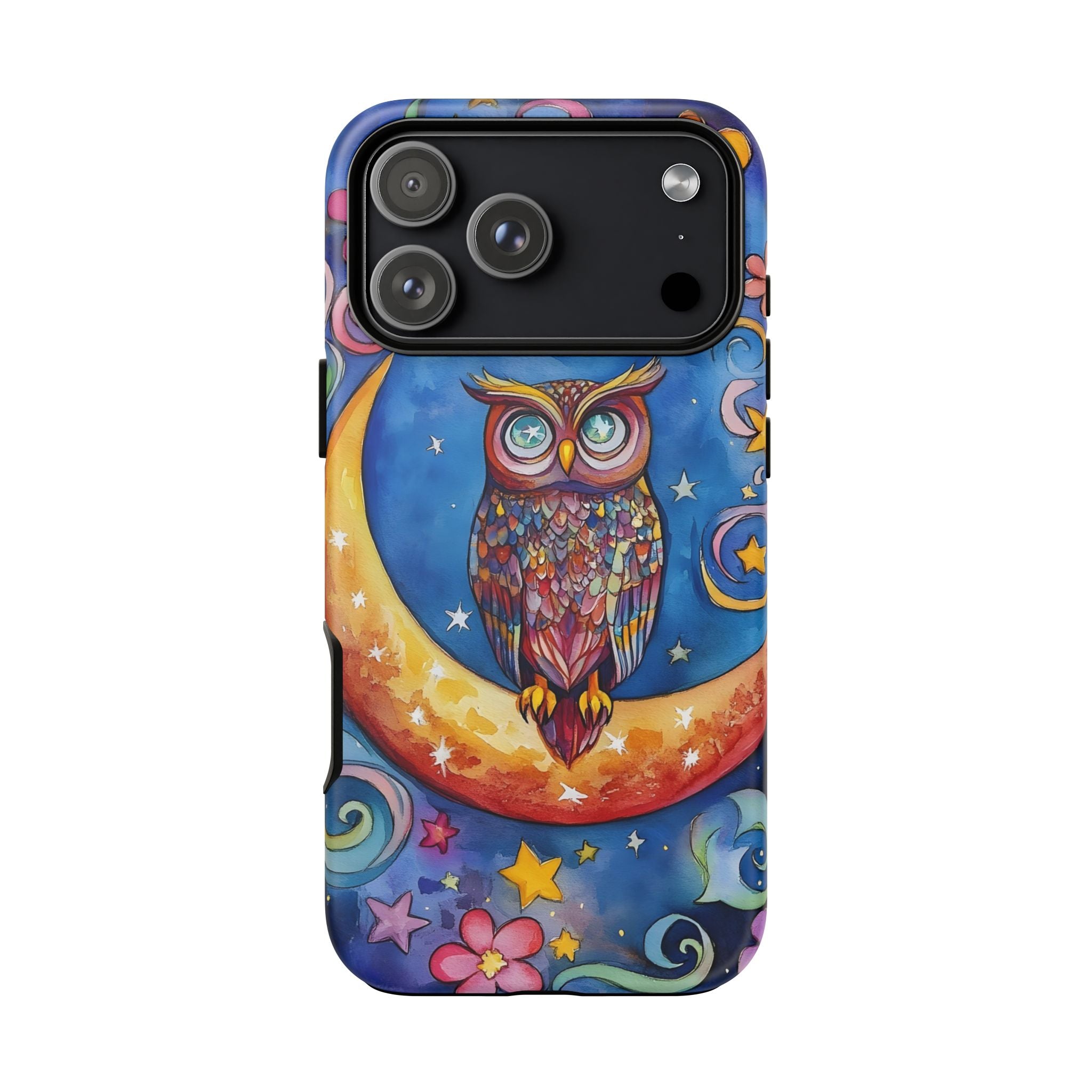 Owl on Crescent Moon iPhone Case — Colourful Whimsical Night Sky Design