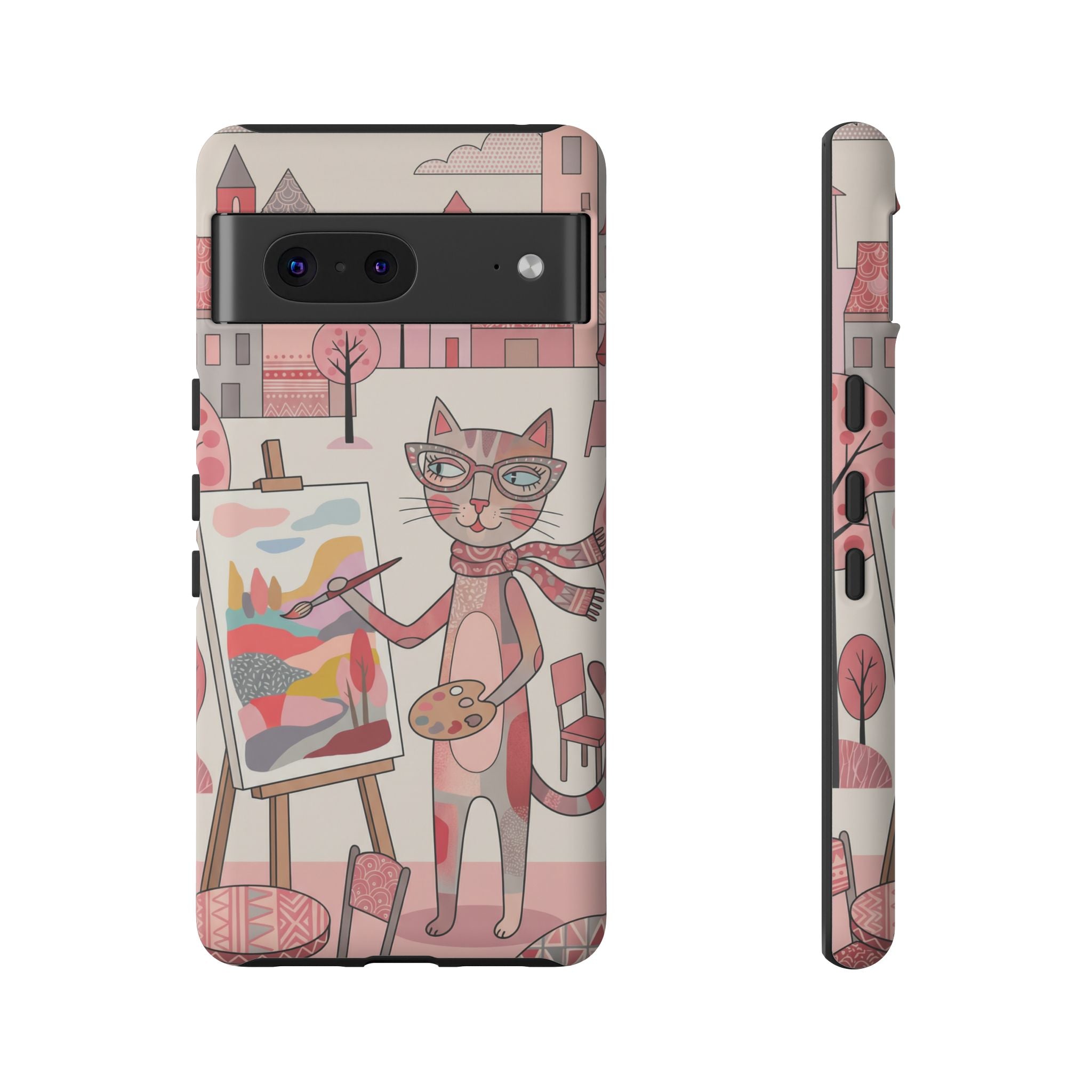 Artistic Cat Google Pixel Phone Case | Painter Kitty Illustration Tough Case