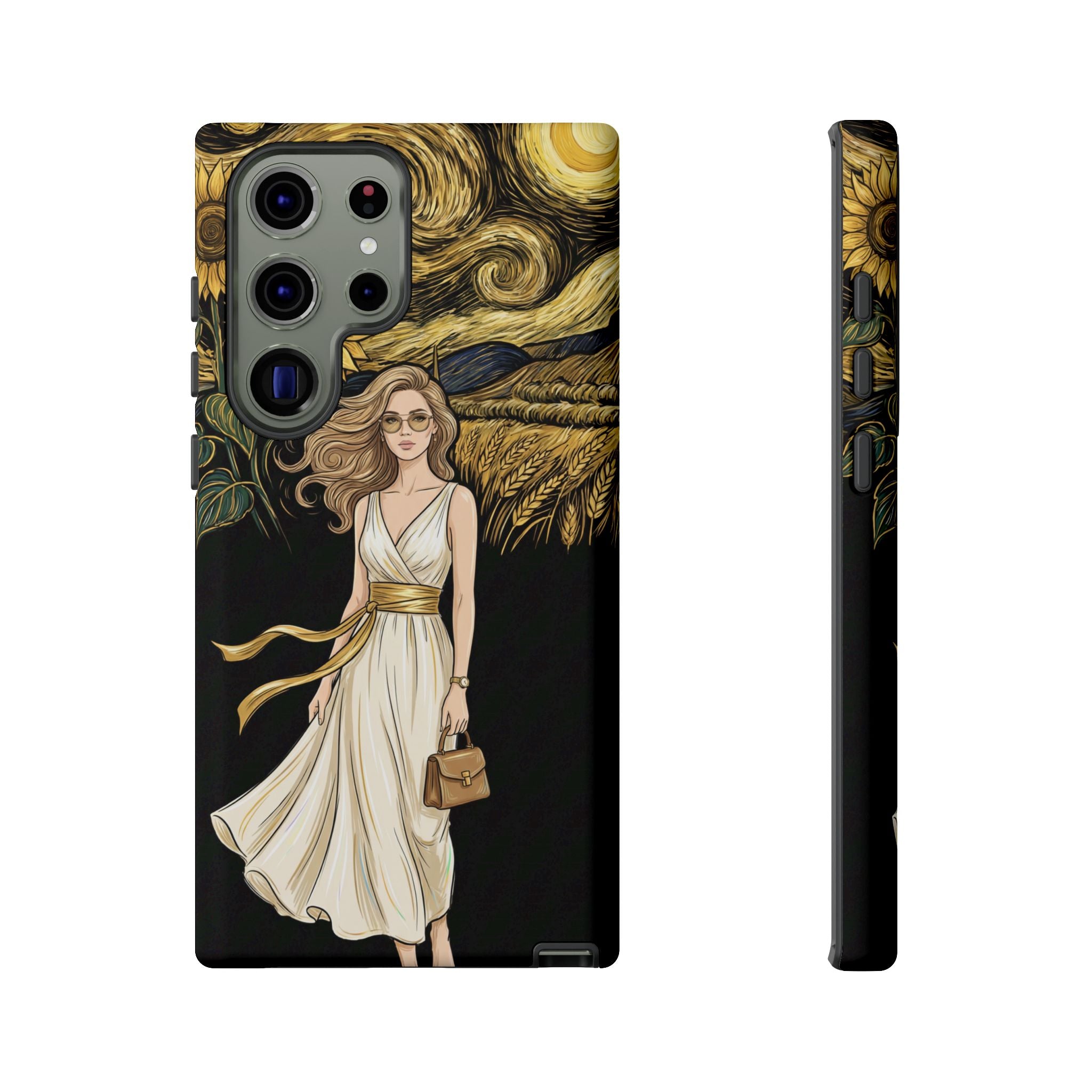 Sunflower Night Samsung Galaxy Phone Case | Woman in Flowing Dress Van Gogh Style