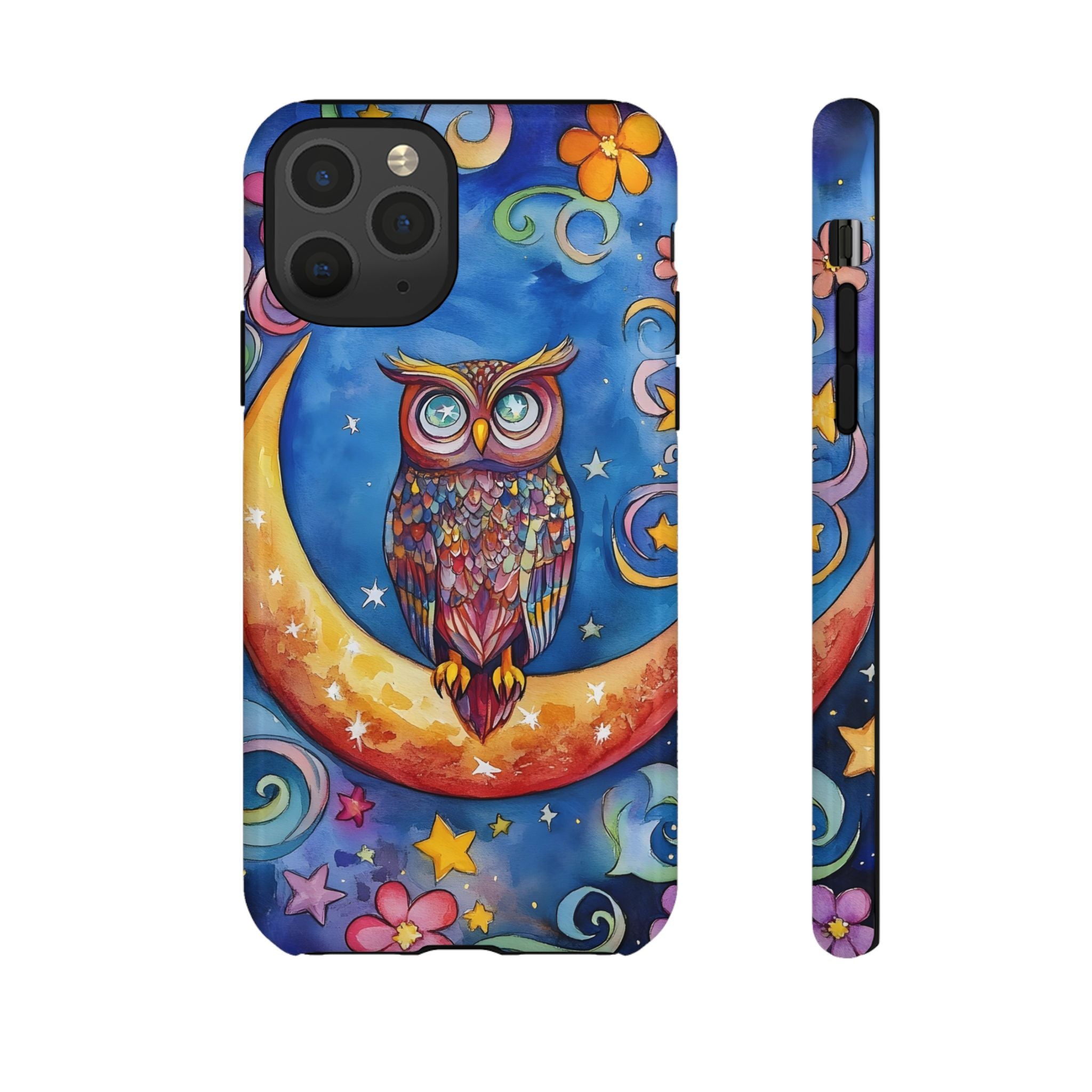 Owl on Crescent Moon iPhone Case — Colourful Whimsical Night Sky Design