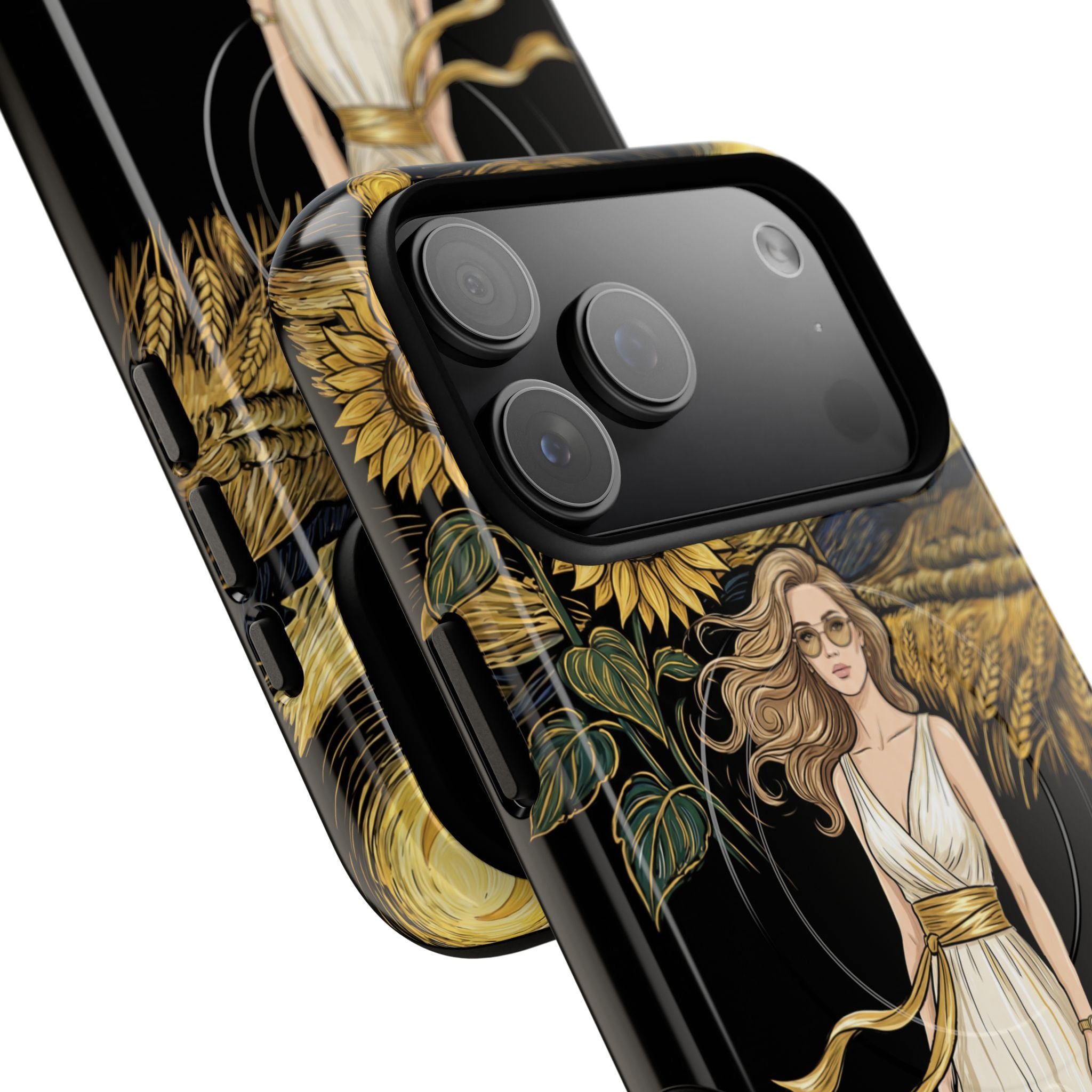 Sunflower Night MagSafe iPhone Case | Woman in Flowing Dress Van Gogh Style