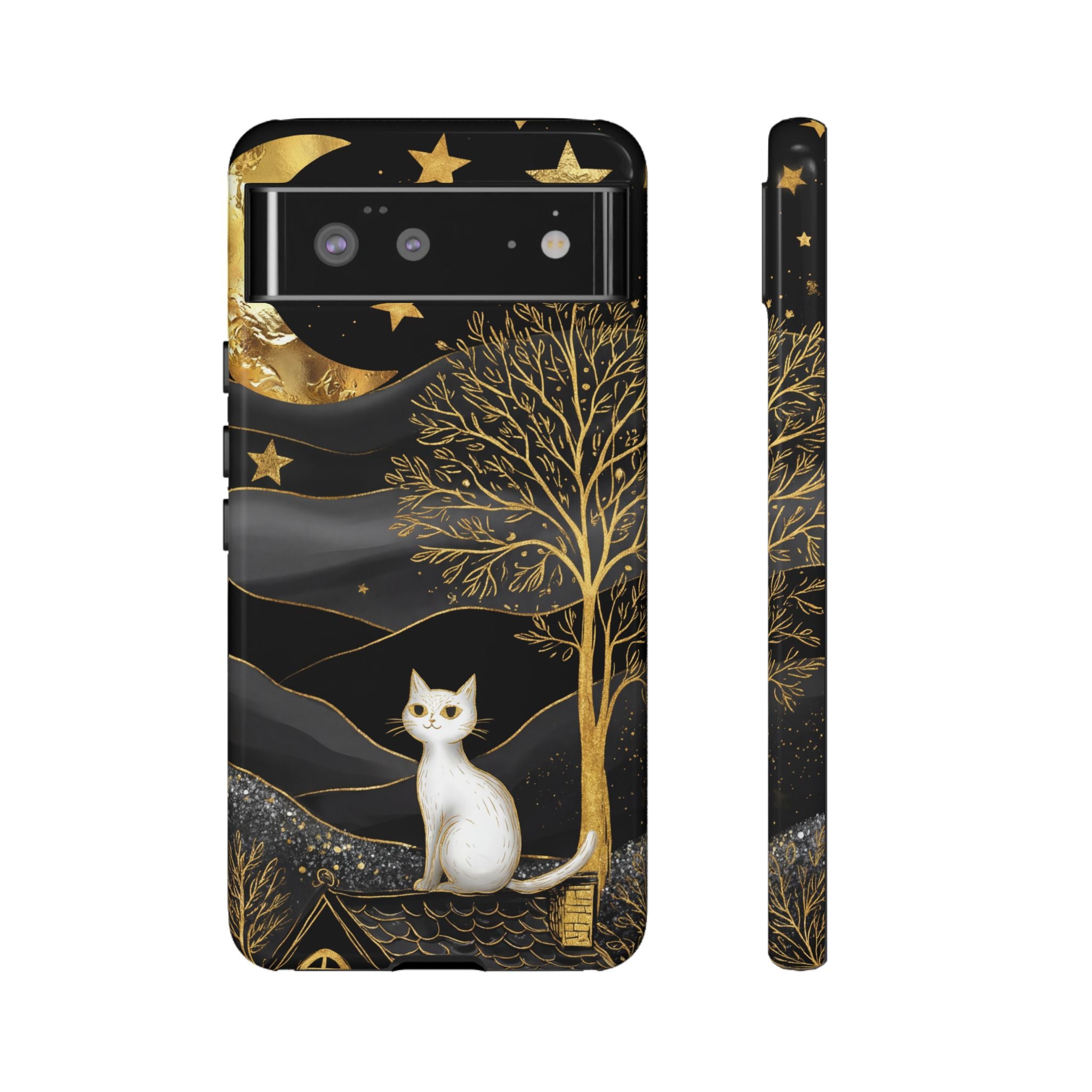 Mystic Night Cat Google Pixel Case | Gold Tree & Stars Tough Case