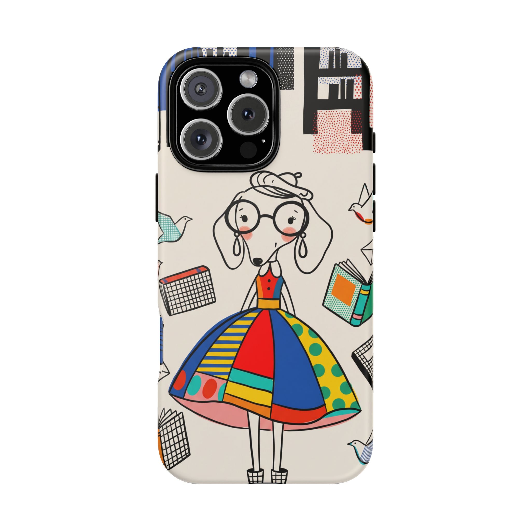 Cute Dachshund Dog Illustration iPhone Case | Colorful Whimsical Book & Bird Design