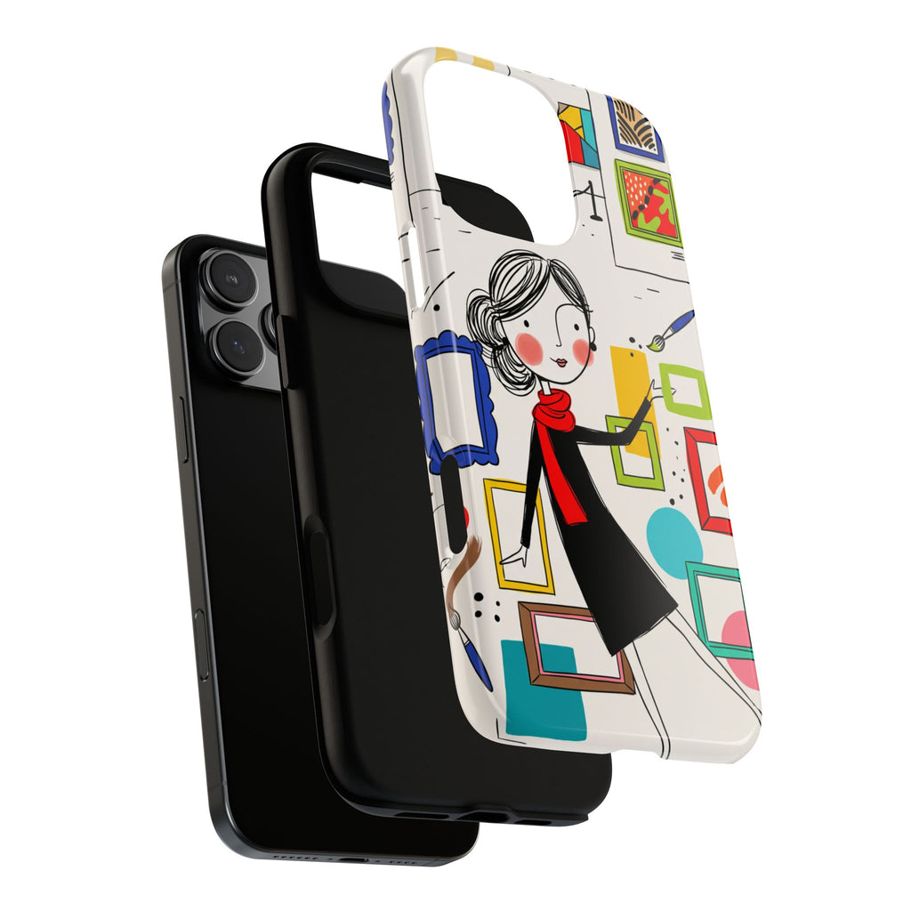 Cover per iPhone con illustrazione di galleria d'arte | Design con donna e cornici carine
