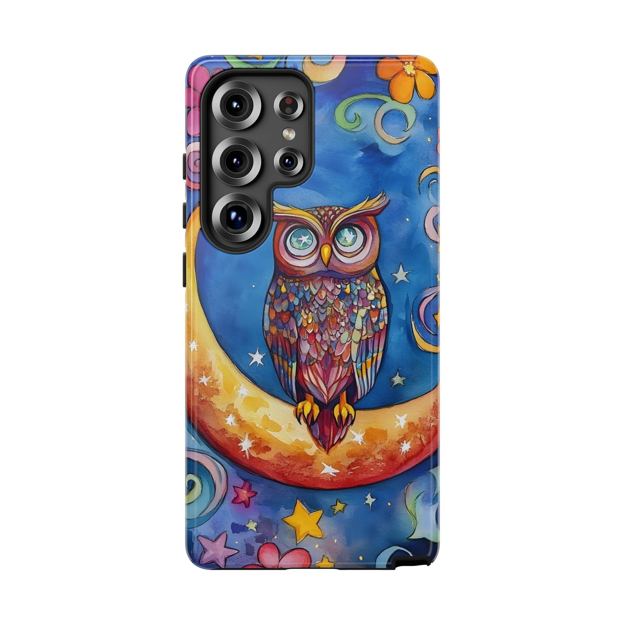 Owl on Crescent Moon Samsung Galaxy Case — Colourful Whimsical Night Sky Design