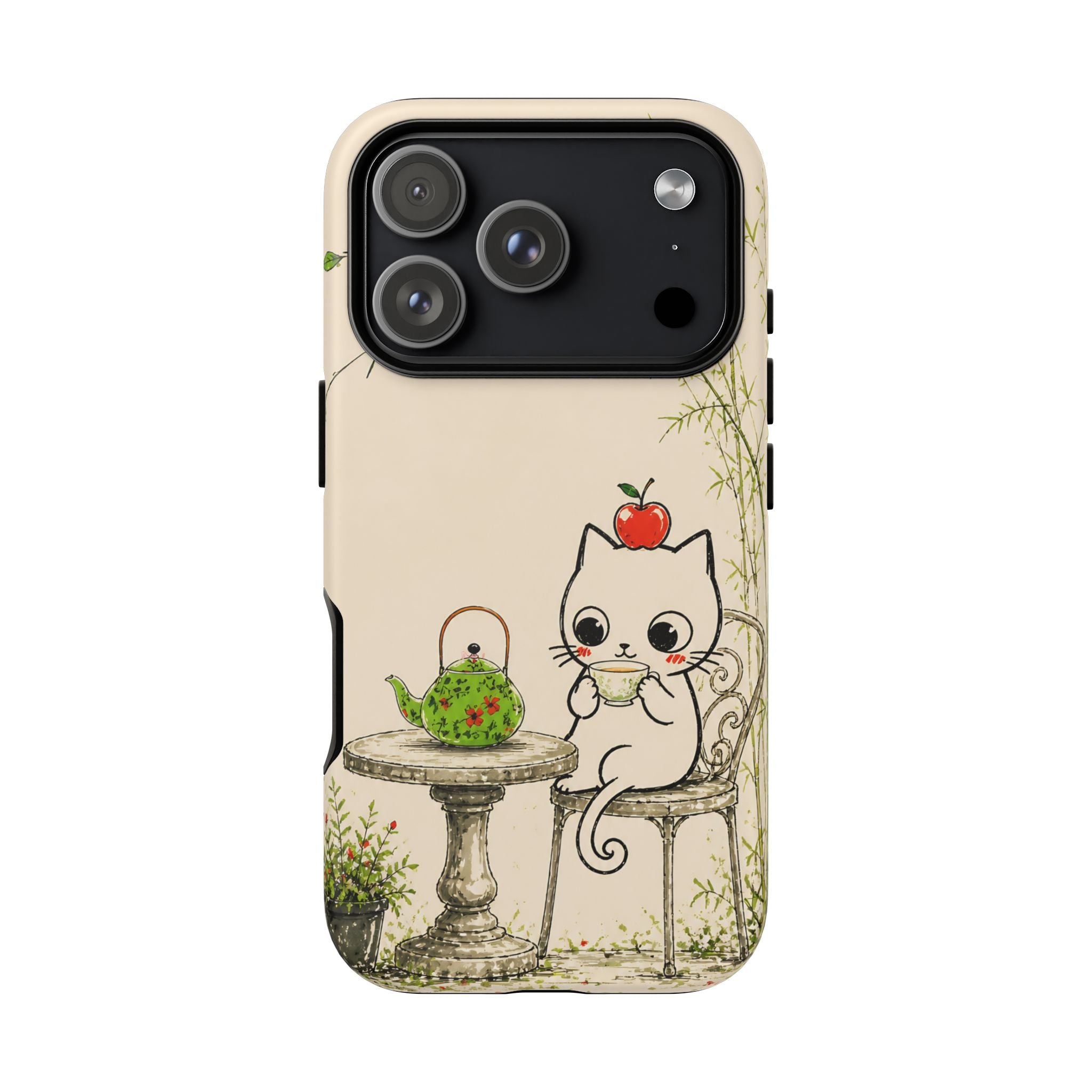 Cute Cat Tea Time iPhone Case | Kawaii Kitten with Apple Design