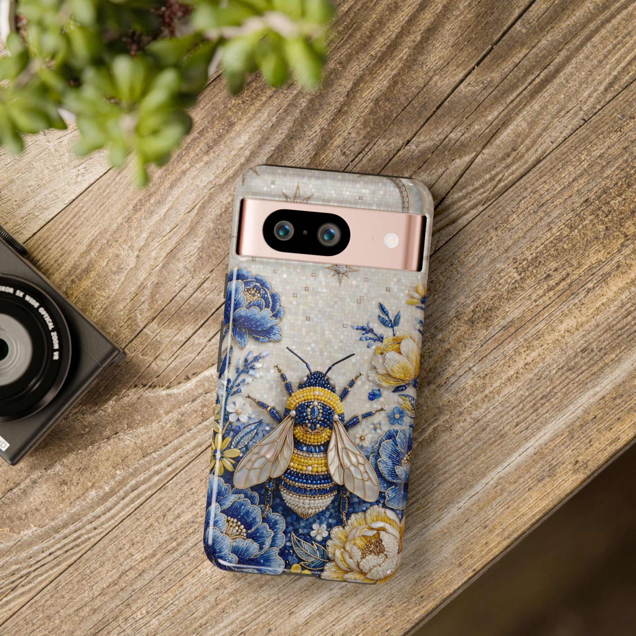 Custodia per telefono Google Pixel "Ape floreale" resistente | Design a giardino lunare blu e giallo