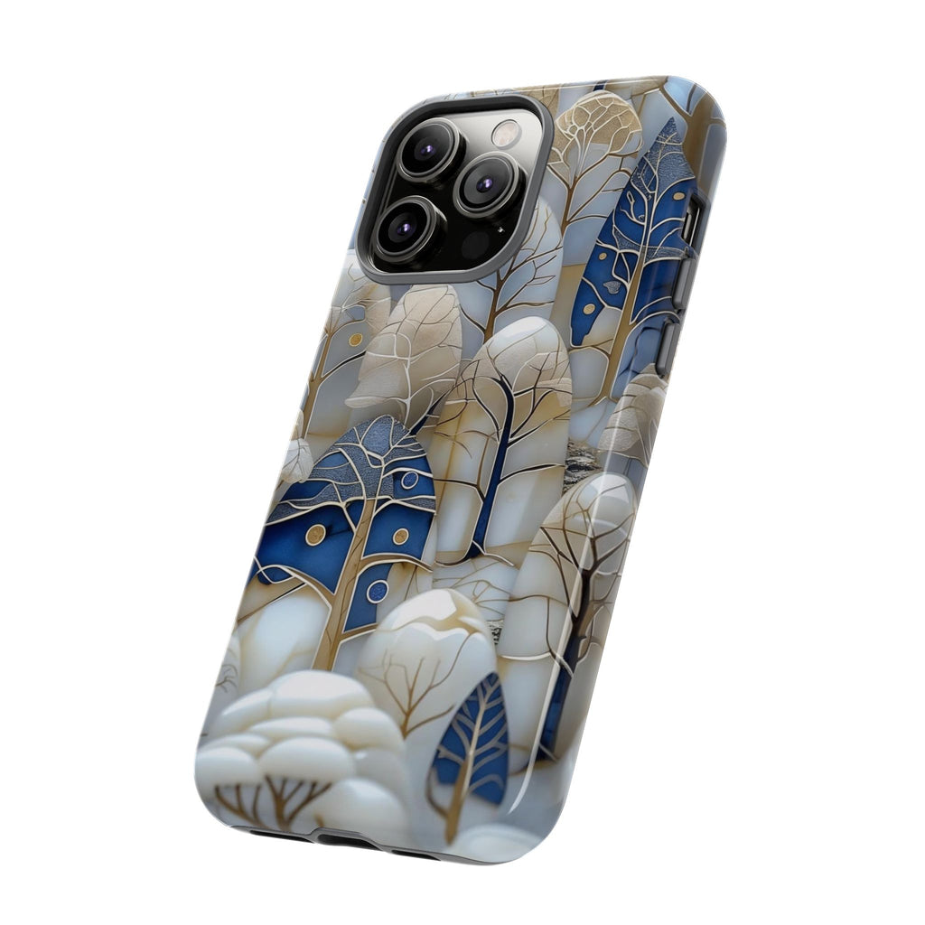 Blue Gold Winter Forest iPhone Case — Elegant Tree Pattern Tough Case