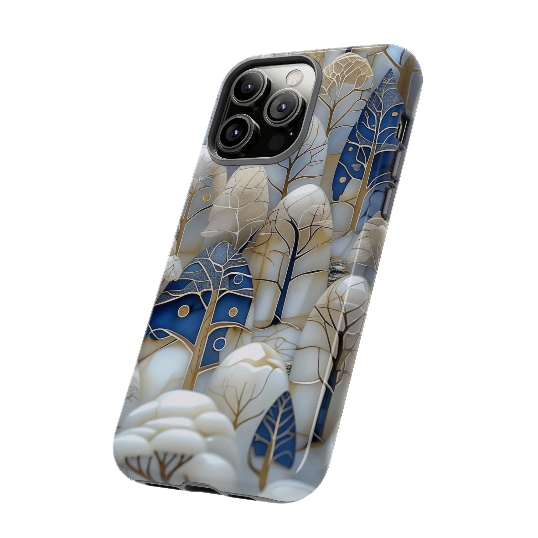 Blue Gold Winter Forest iPhone Case — Elegant Tree Pattern Tough Case