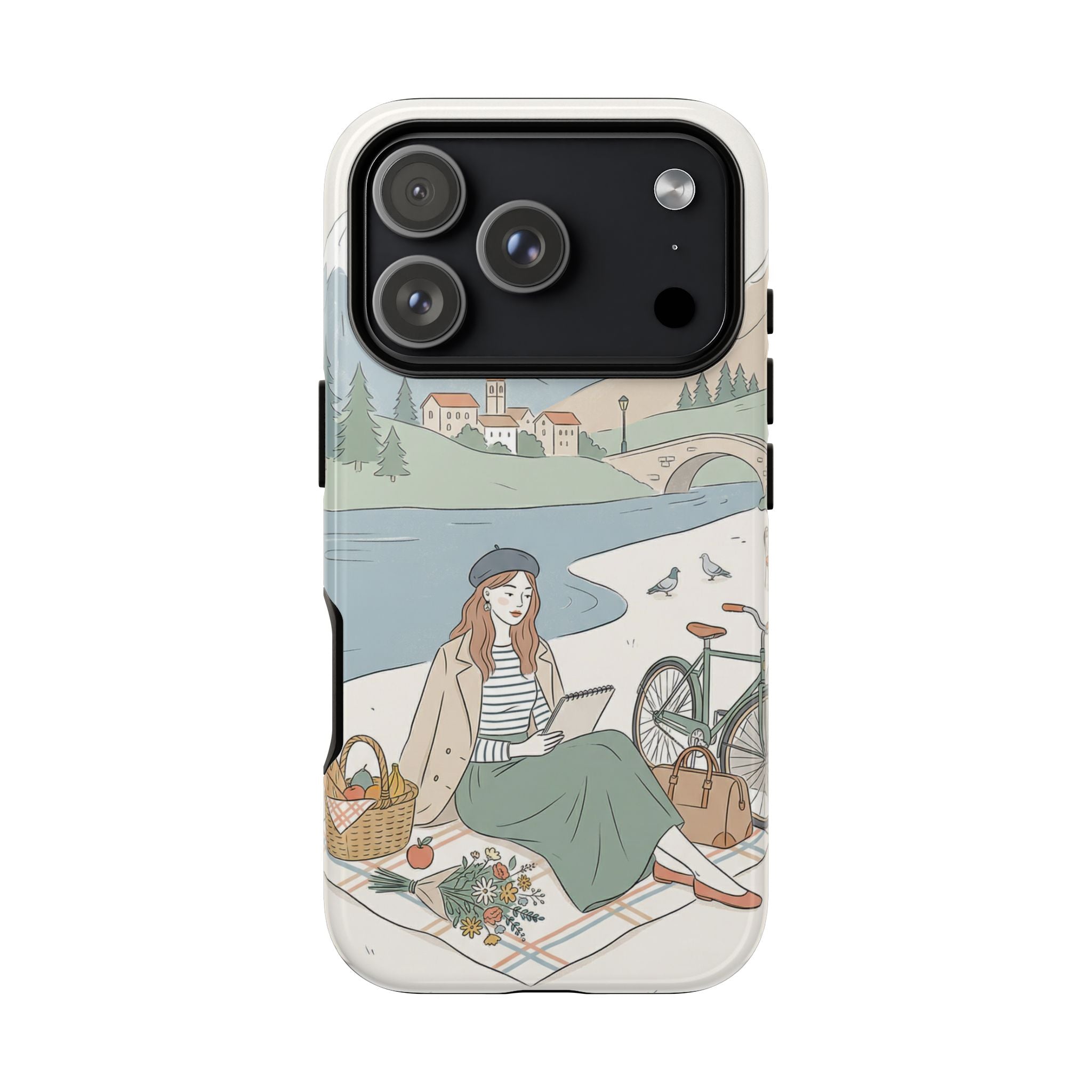 Scenic Picnic iPhone Case | Vintage Bicycle & Mountain Illustration