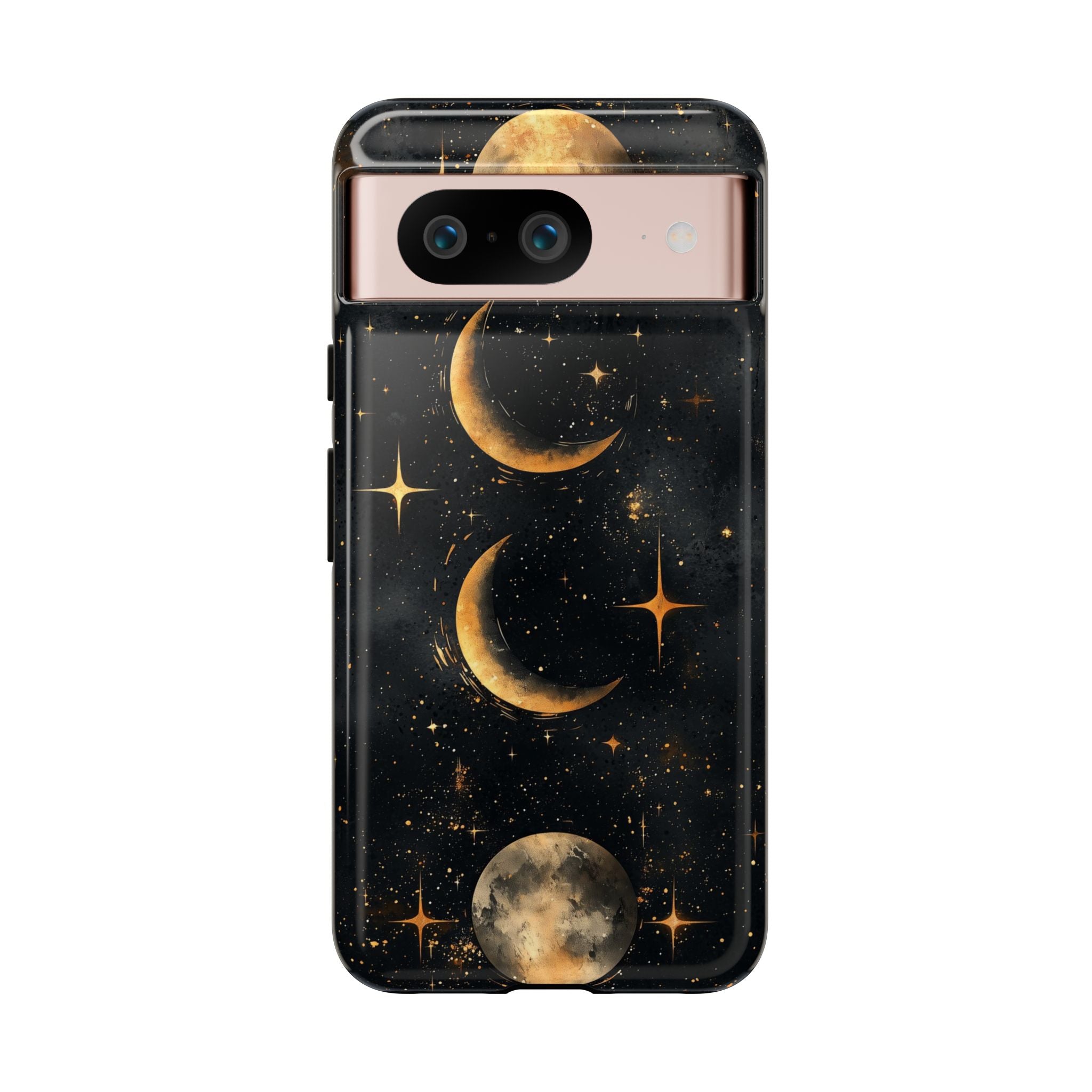 Celestial Moon Phases Tough Google Pixel Case | Gold Crescent & Full Moon Galaxy Design