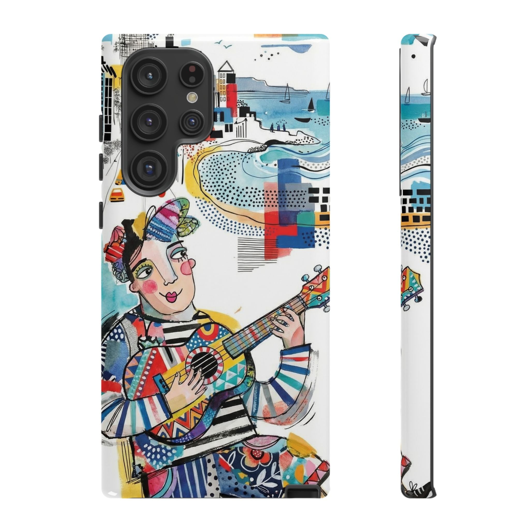 Custodia per Samsung Galaxy per Musicisti Artistici | Custodia Resistente con Chitarra Colorata e Paesaggio Urbano