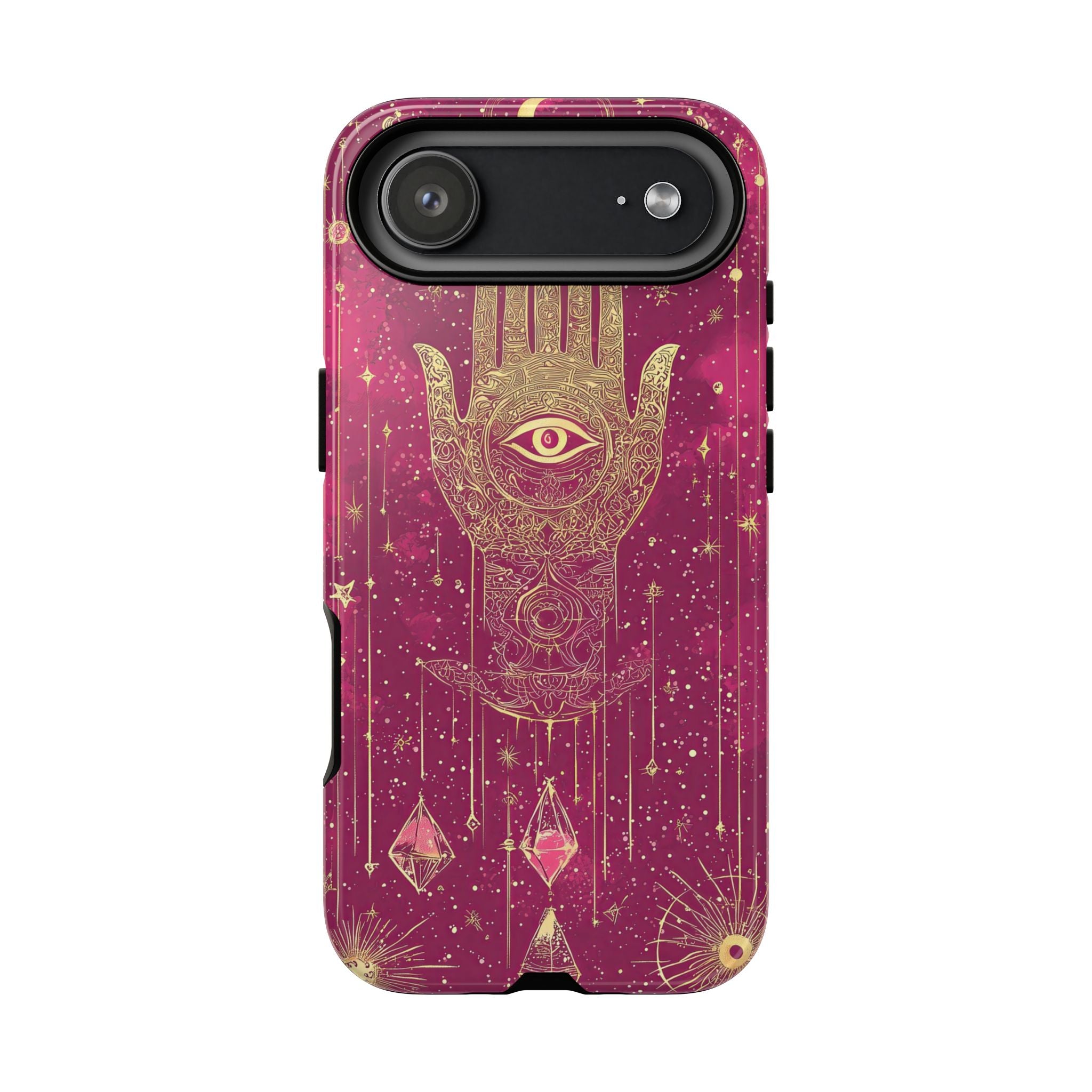 Mystic Hamsa iPhone Case | Gold Palm & All-Seeing Eye on Magenta Galaxy