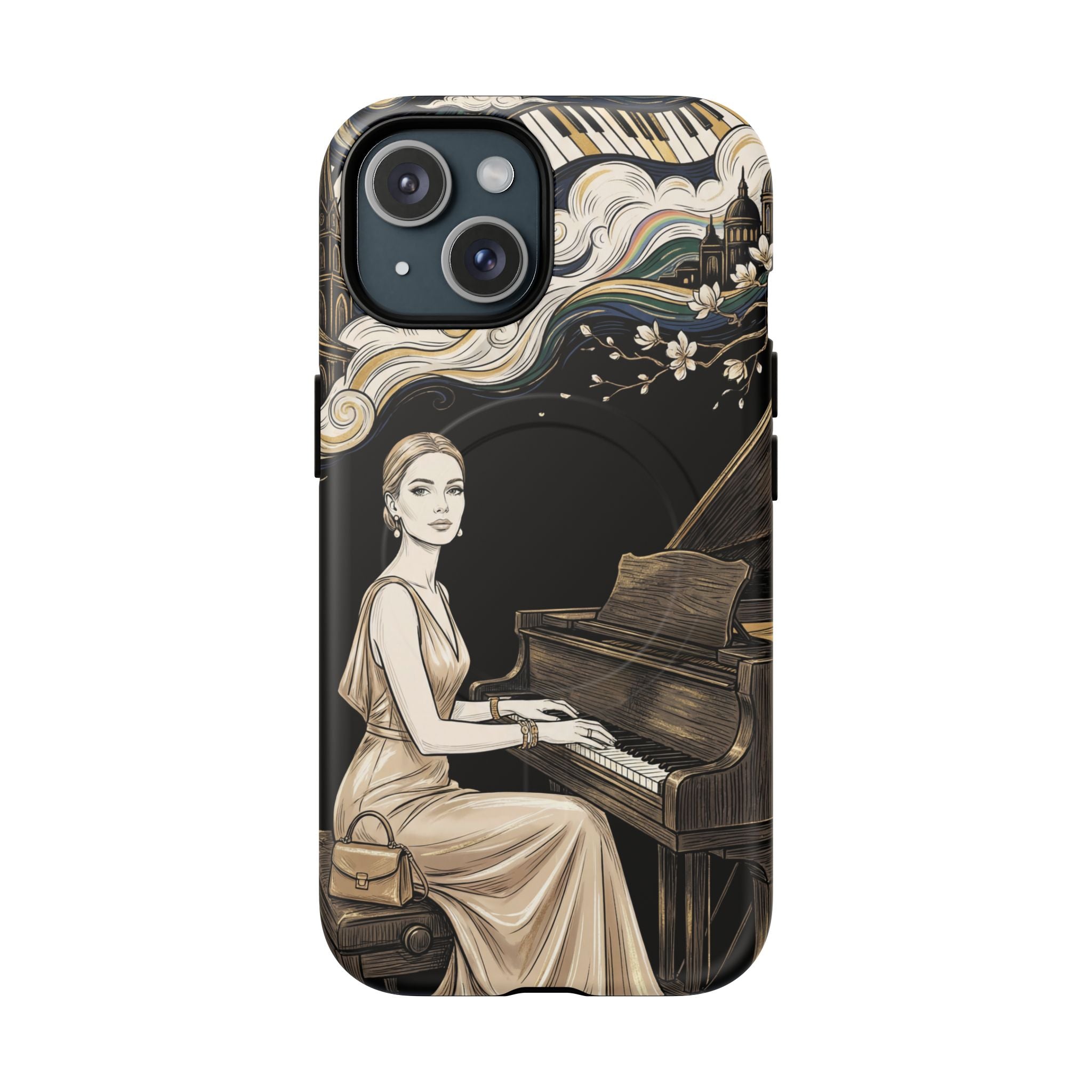 Elegant Piano Woman MagSafe iPhone Case | Vintage Art Deco Music Design