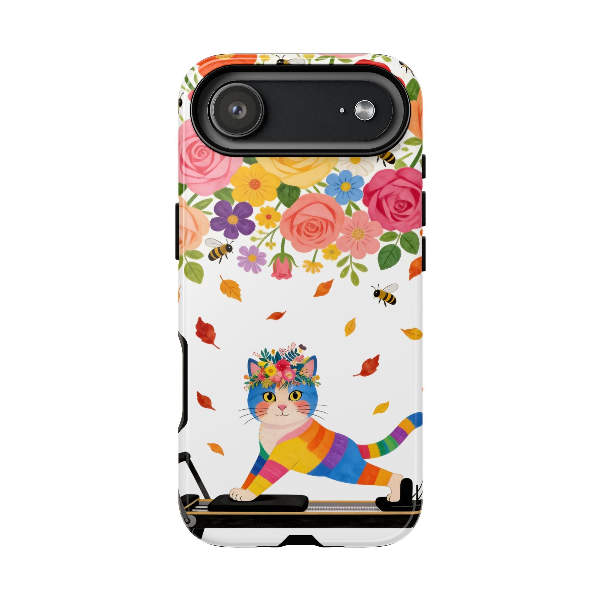 Floral Rainbow Cat Tough iPhone Case — Colorful Pilates Cat Design