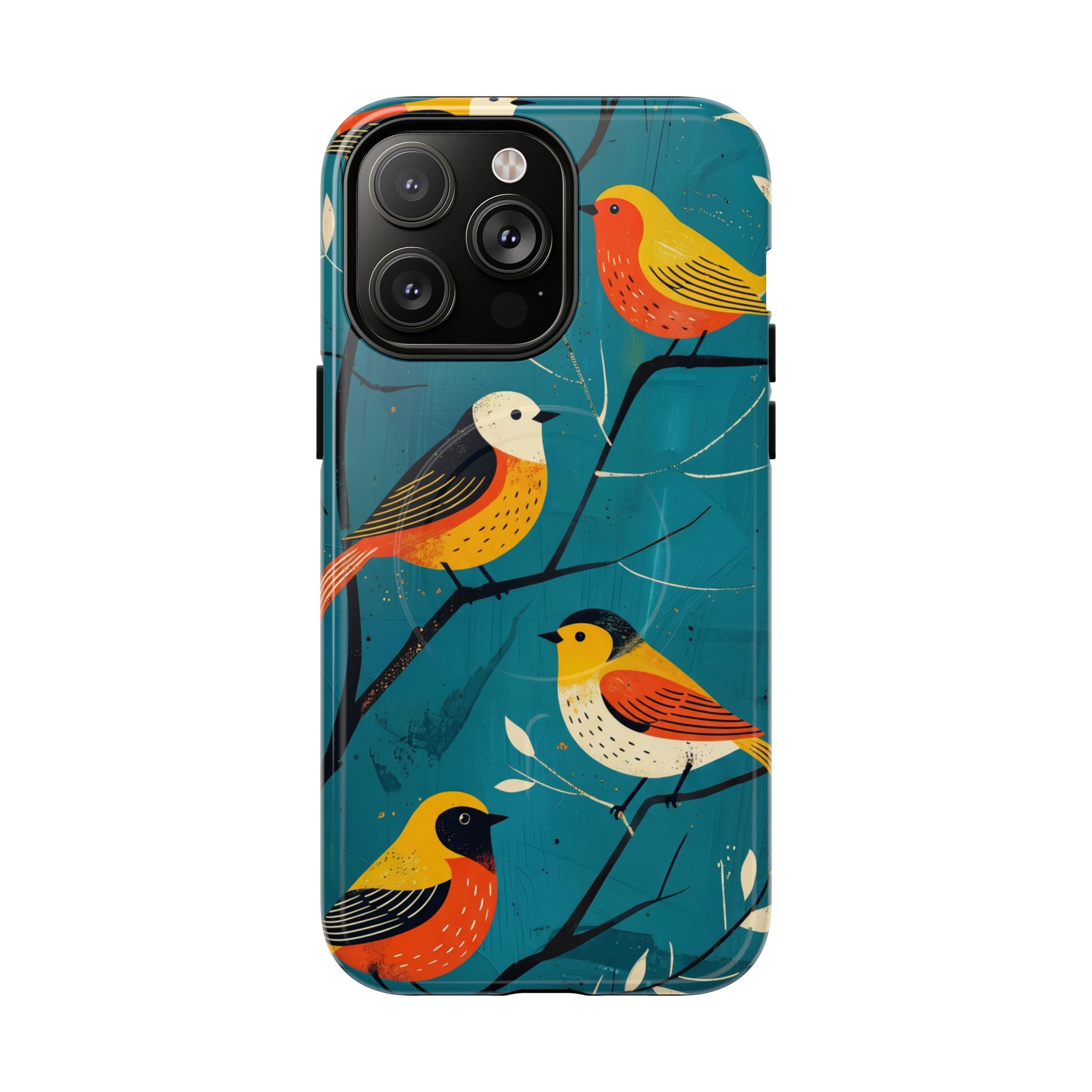 Bird Pattern Tough MagSafe iPhone Case | Colourful Songbirds on Teal Background