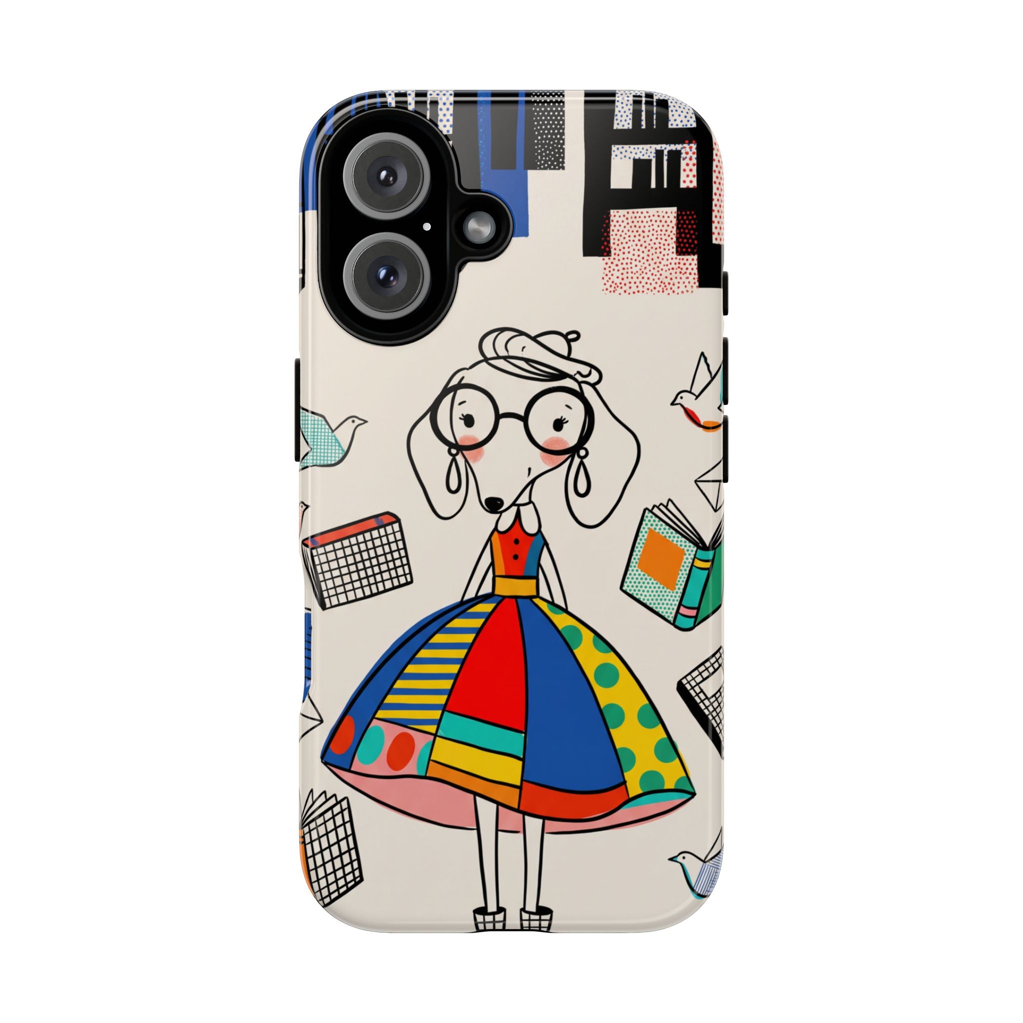 Cute Dachshund Dog Illustration iPhone Case | Colorful Whimsical Book & Bird Design