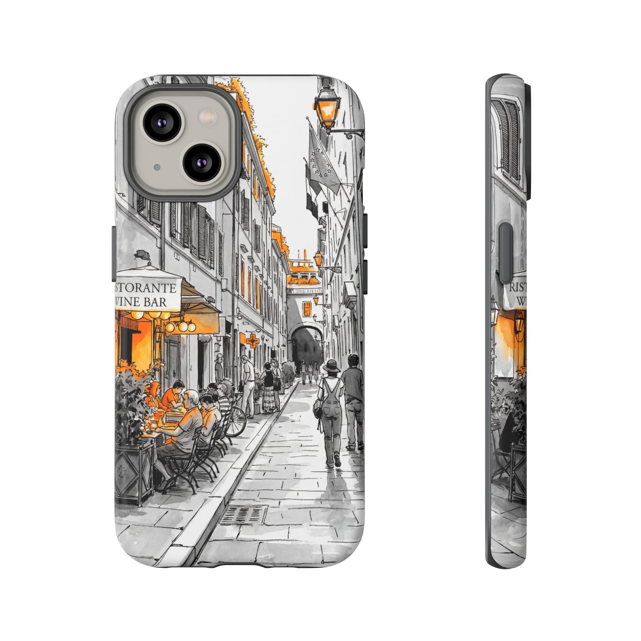 Vintage Italy Street iPhone Case | Black & White Sketch with Orange Accent