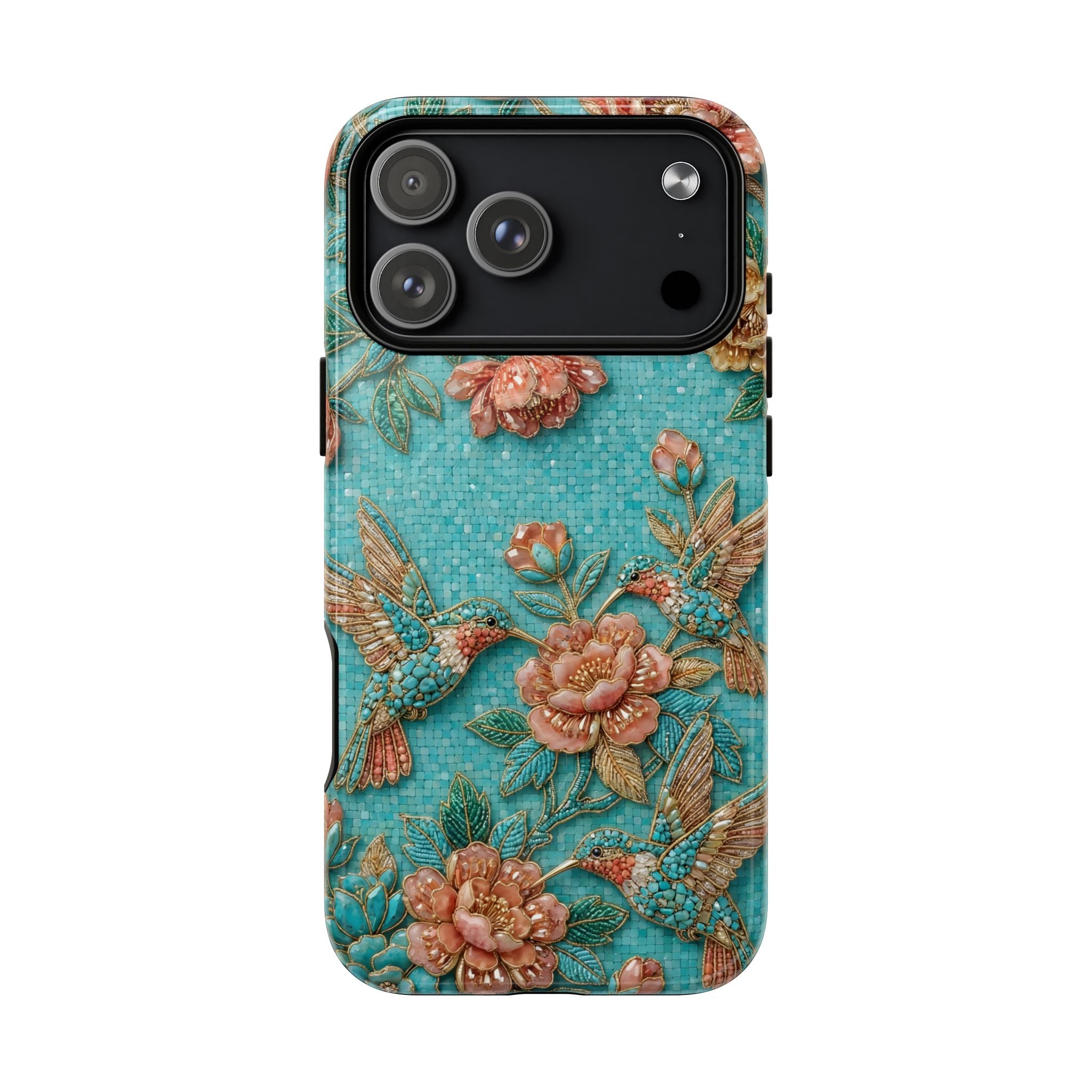 Floral Hummingbird Tough MagSafe iPhone Case | Turquoise Embroidered Garden Design
