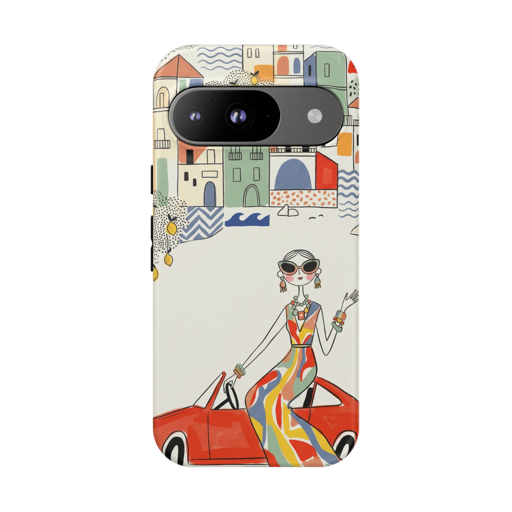 Stylish Riviera Google Pixel Phone Case | Chic Retro Woman in Convertible Design