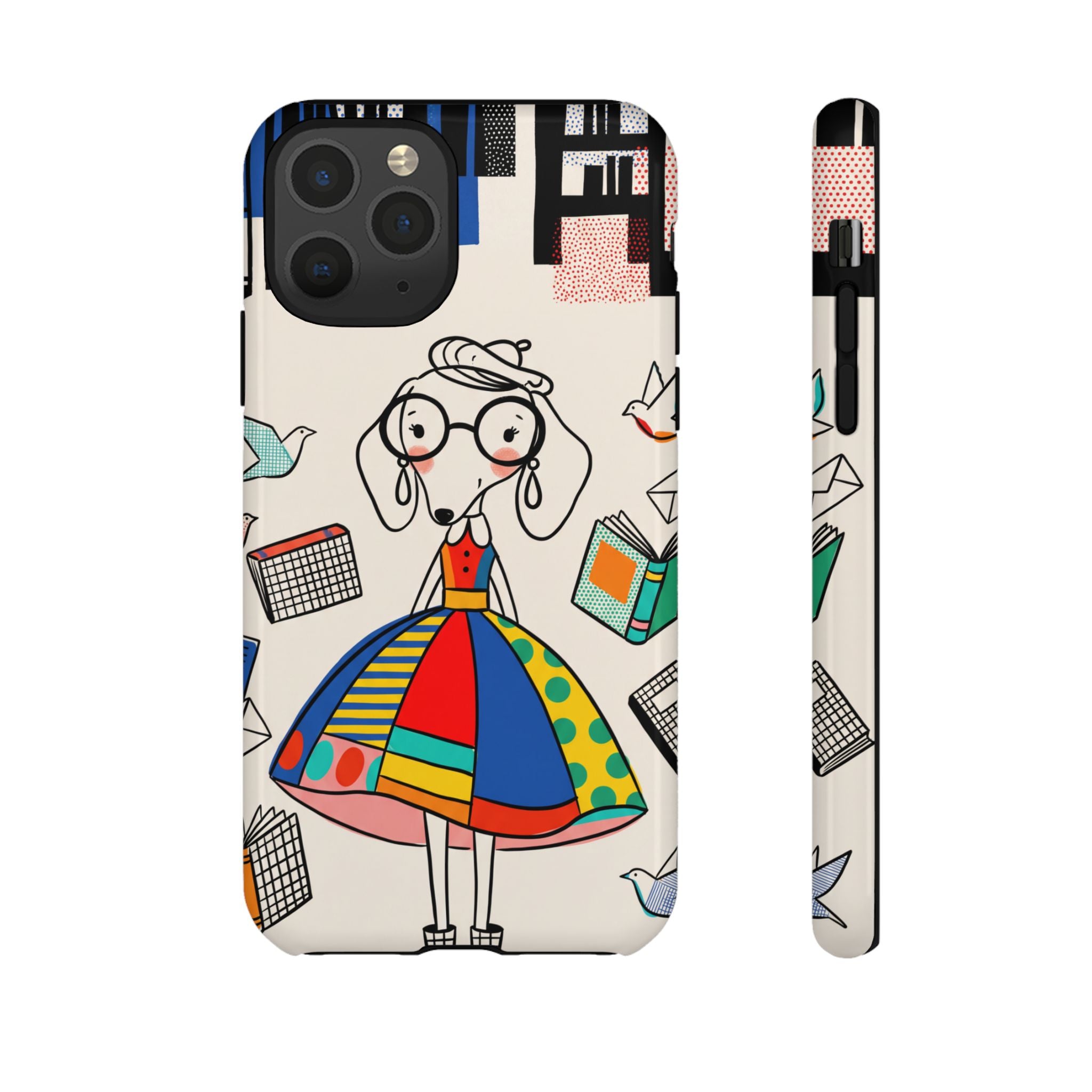 Cute Dachshund Dog Illustration iPhone Case | Colorful Whimsical Book & Bird Design