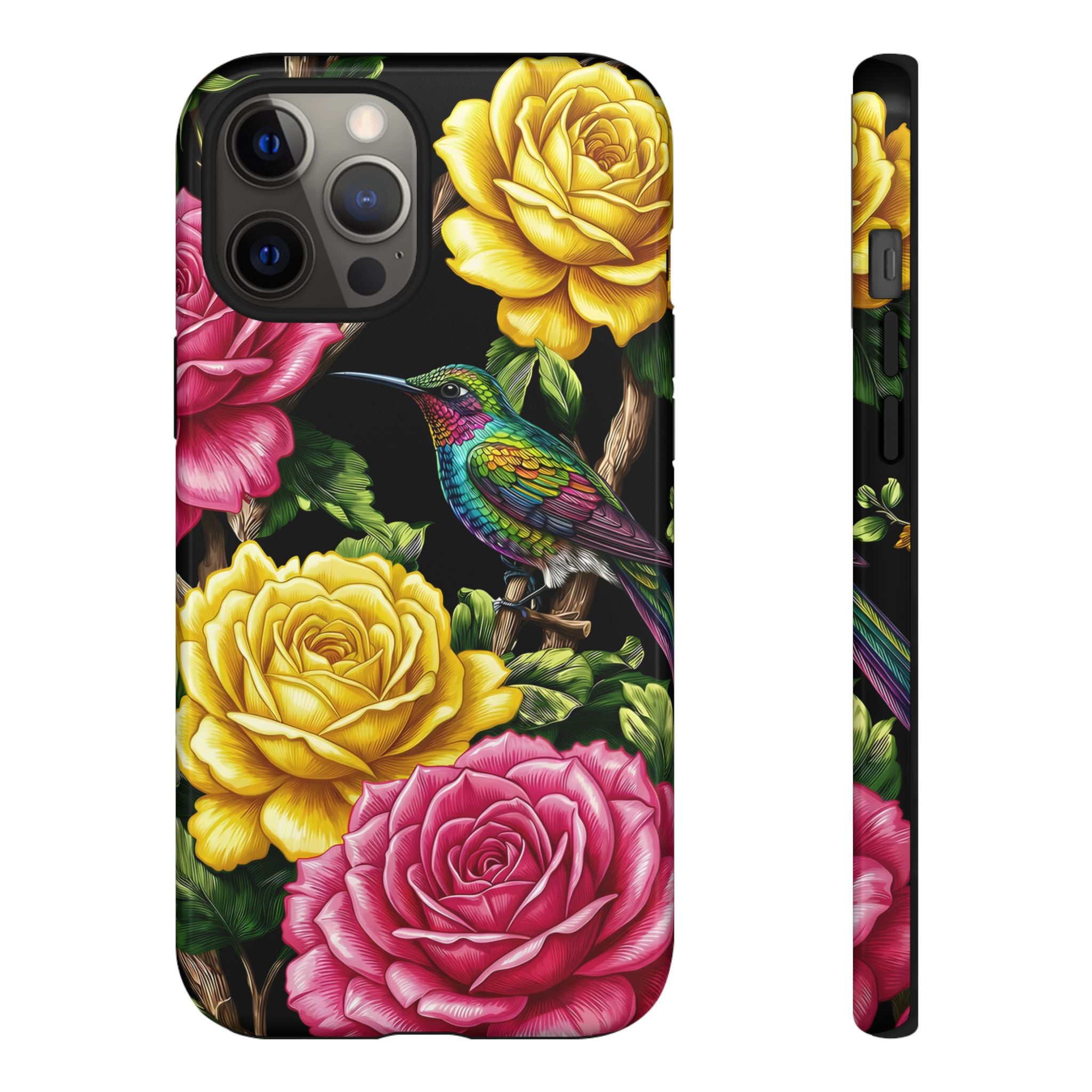 Floral Hummingbird Tough iPhone Case | Vibrant Rose & Yellow Garden Protection