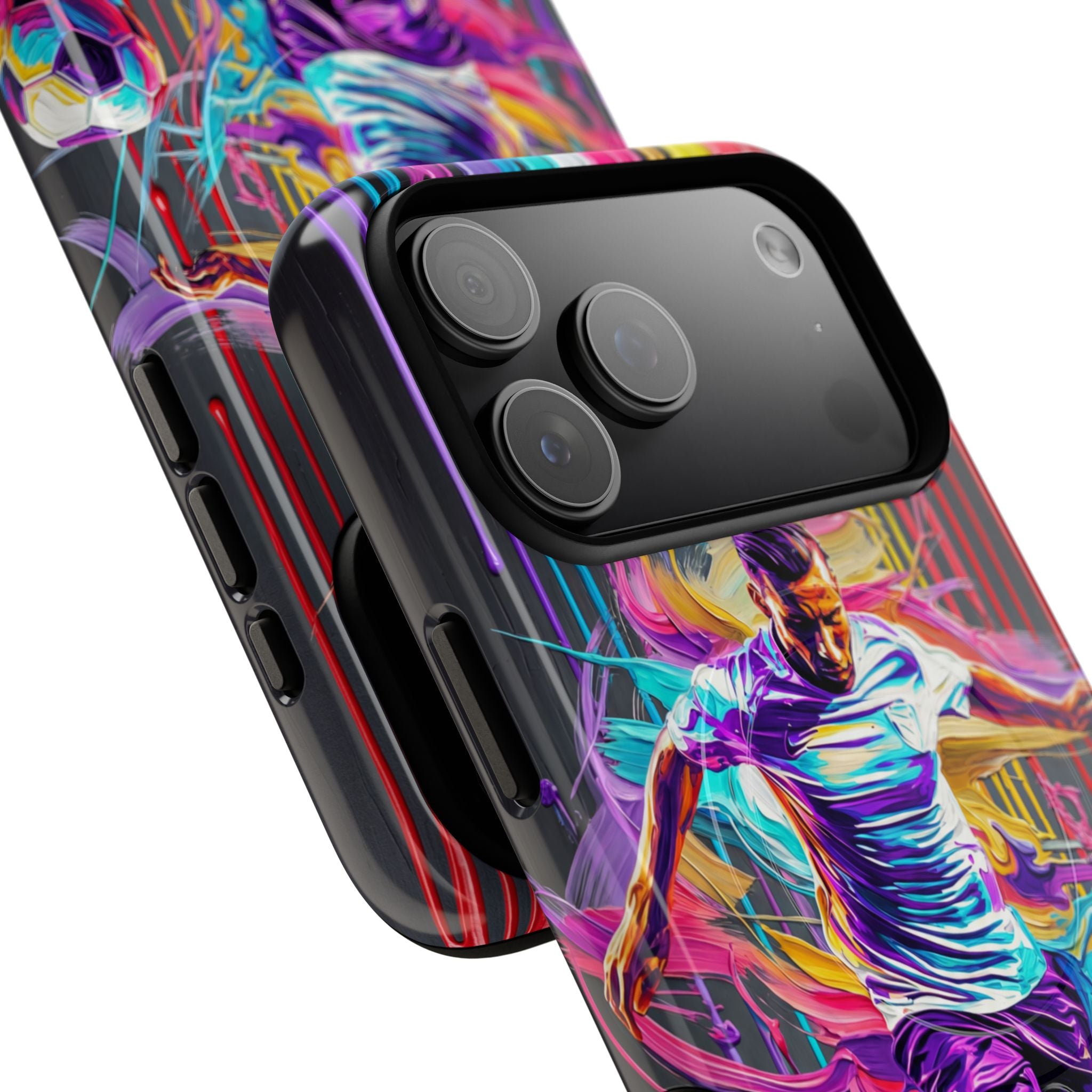 Soccer Player Neon Art MagSafe iPhone Case | Vibrant Football Kick Protective Cover