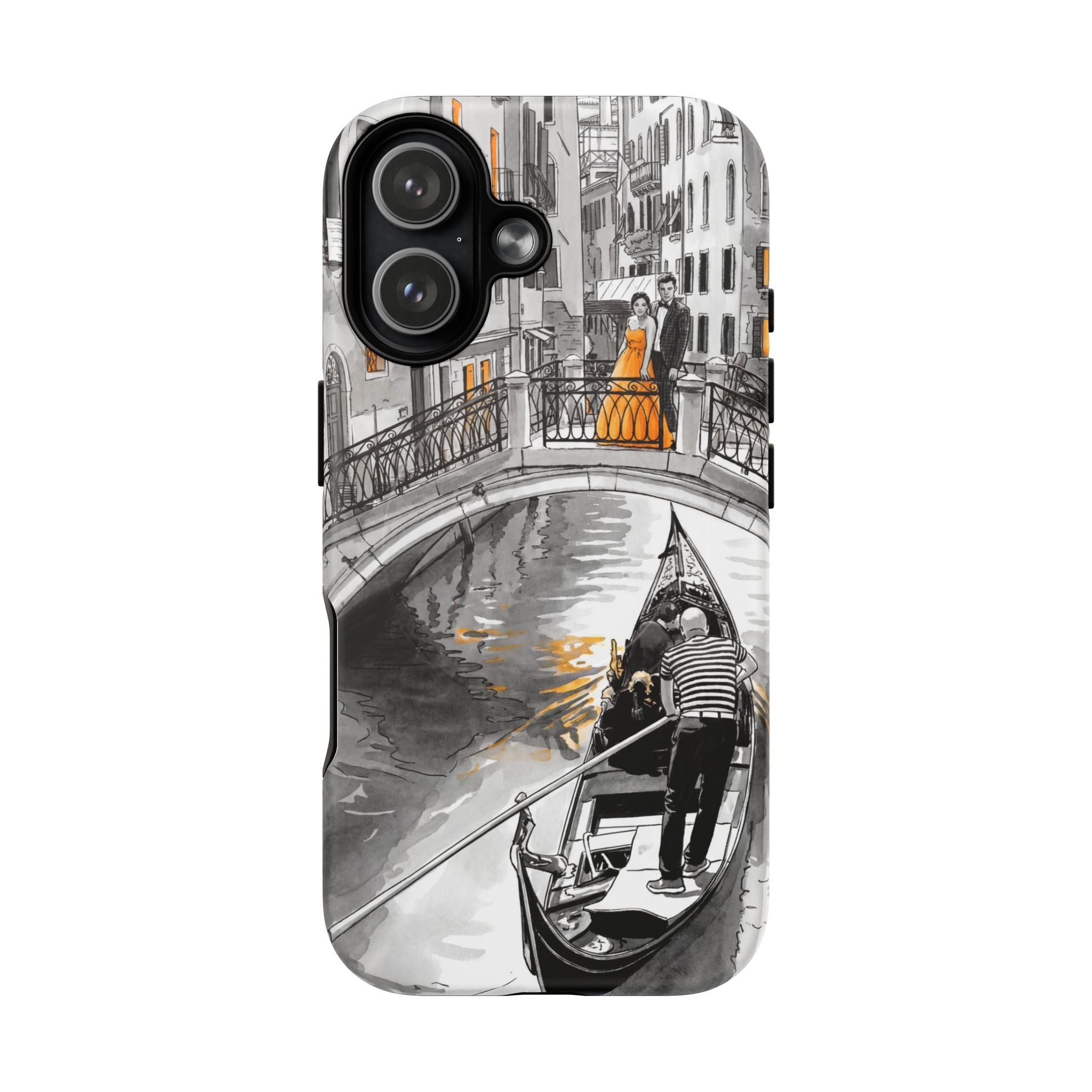 Custodia per iPhone Gondola di Venezia | Custodia MagSafe resistente con motivo schizzo in bianco e nero e dettagli dorati