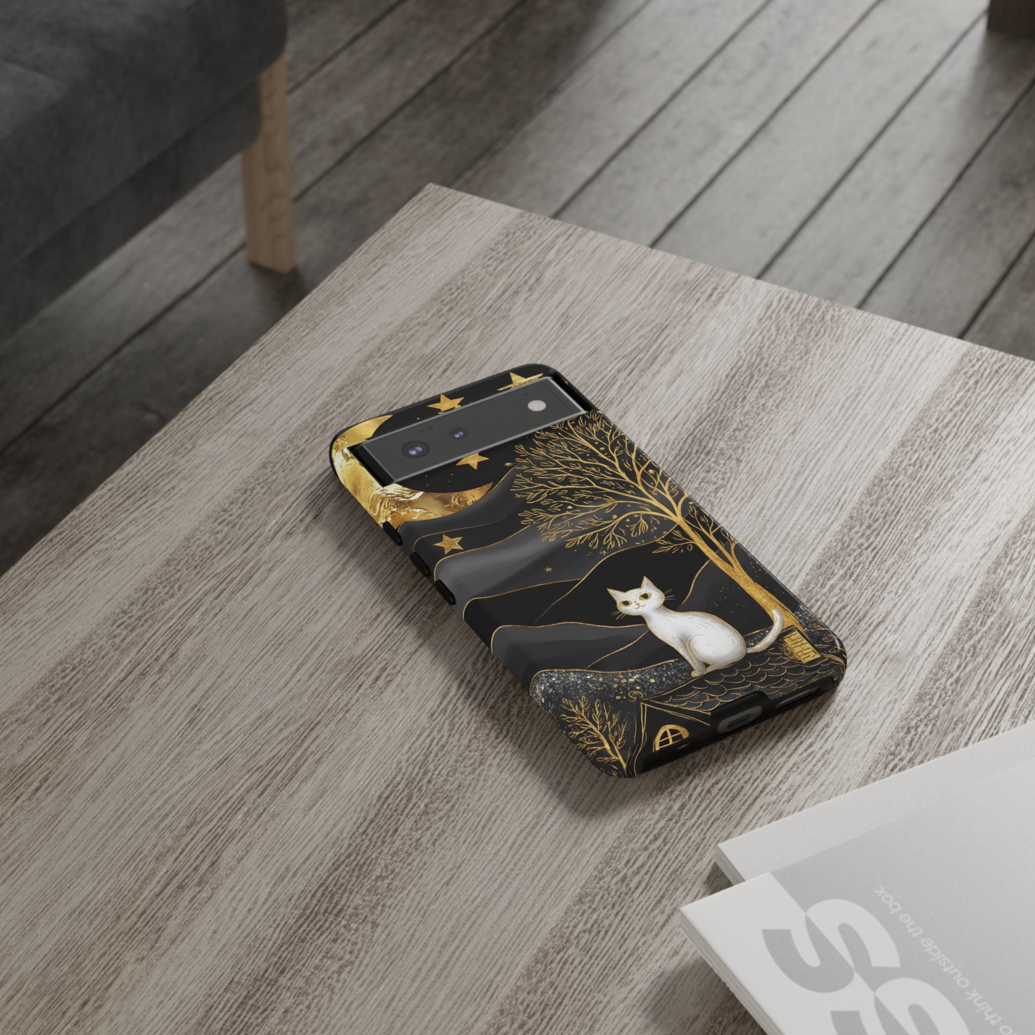 Mystic Night Cat Google Pixel Case | Gold Tree & Stars Tough Case