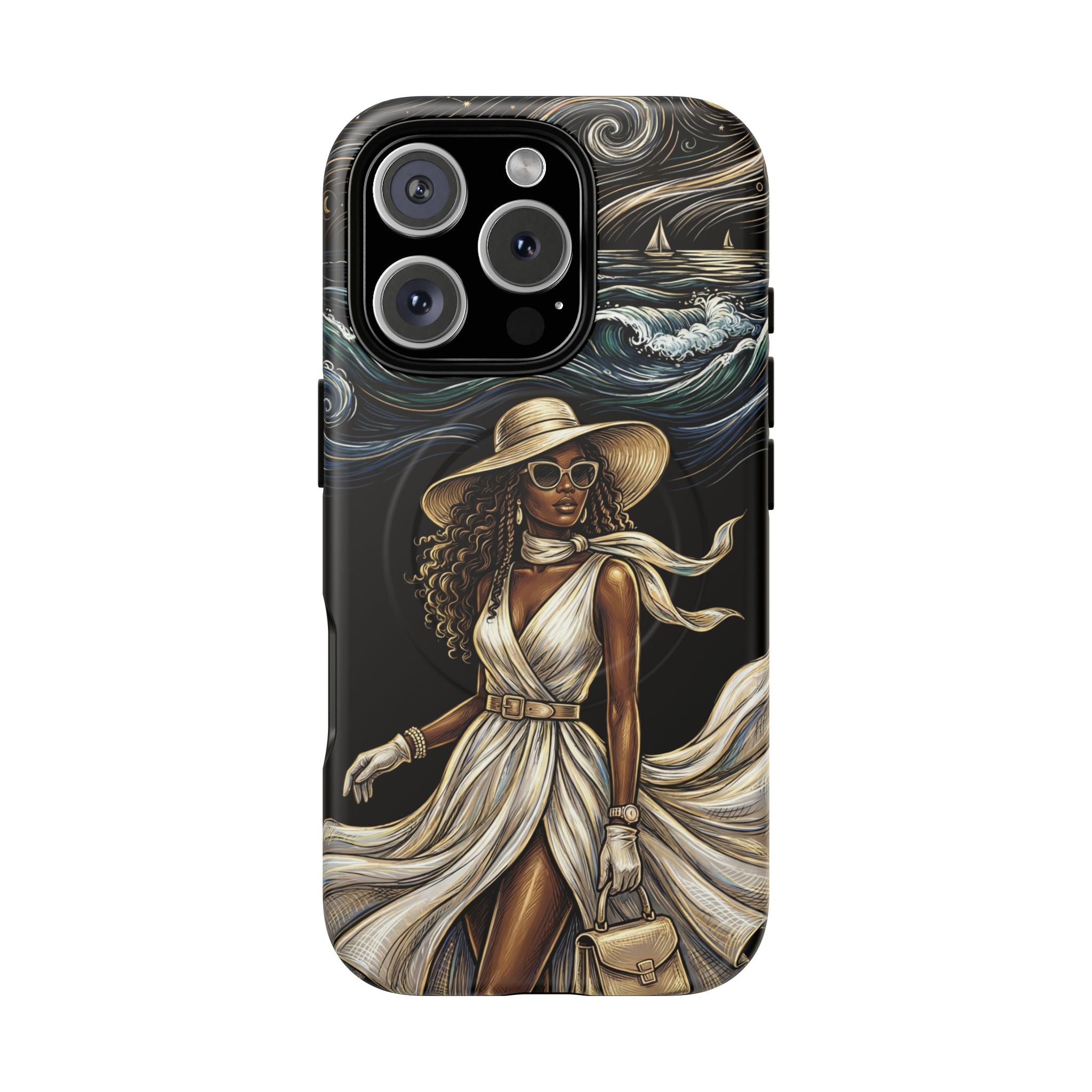 MagSafe iPhone Case | Elegant Black Woman in Flowing Dress by the Sea