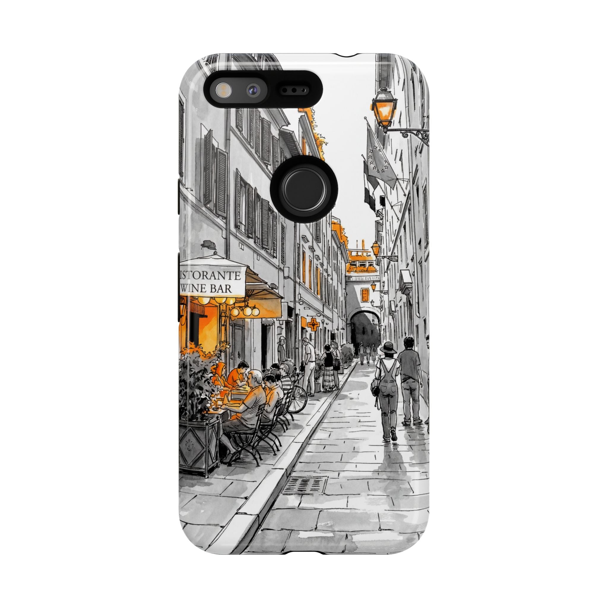 Italy Street Phone Case | Vintage Italian Cafe Sketch with Orange Accents