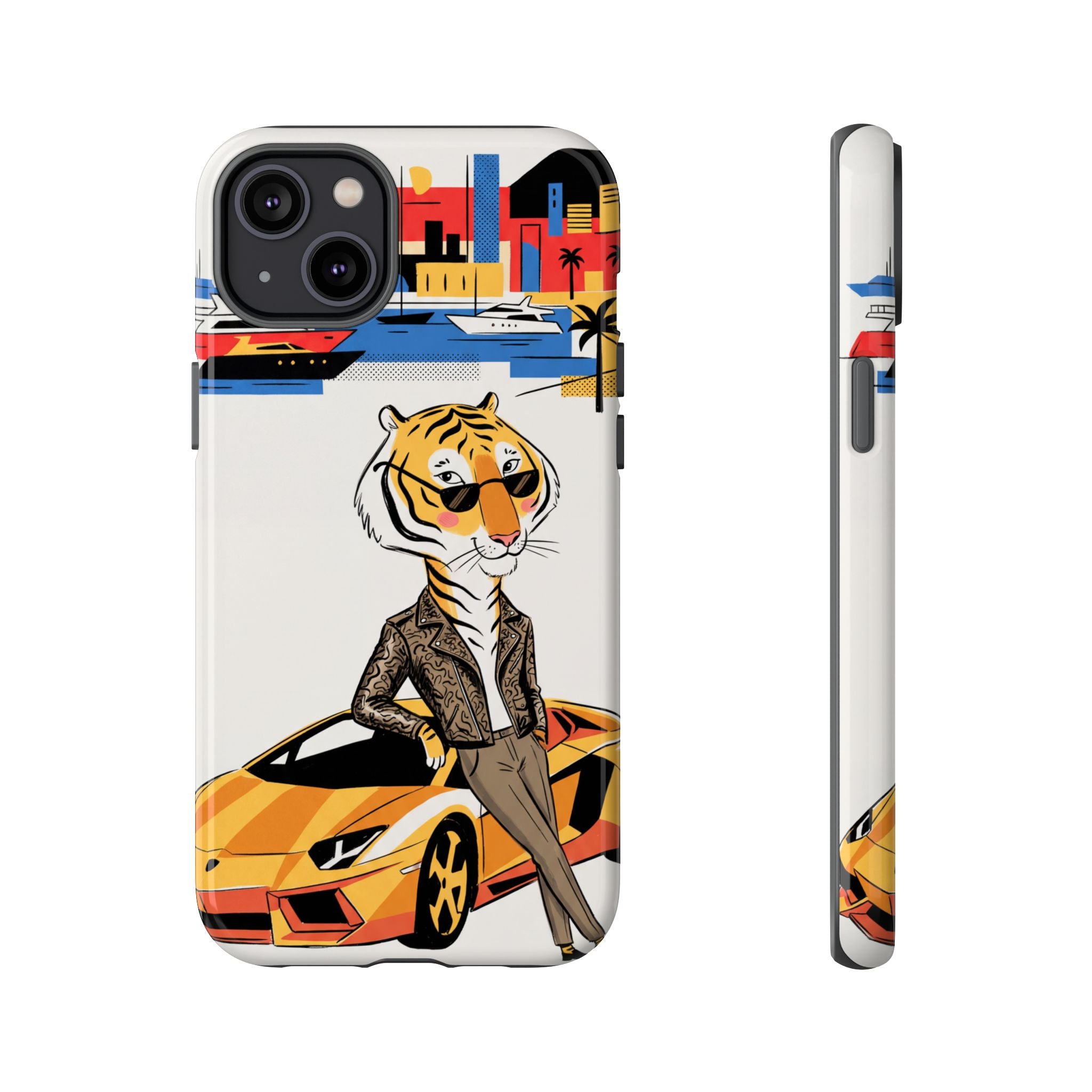 Stylish Tiger with Sports Car Illustration iPhone Case