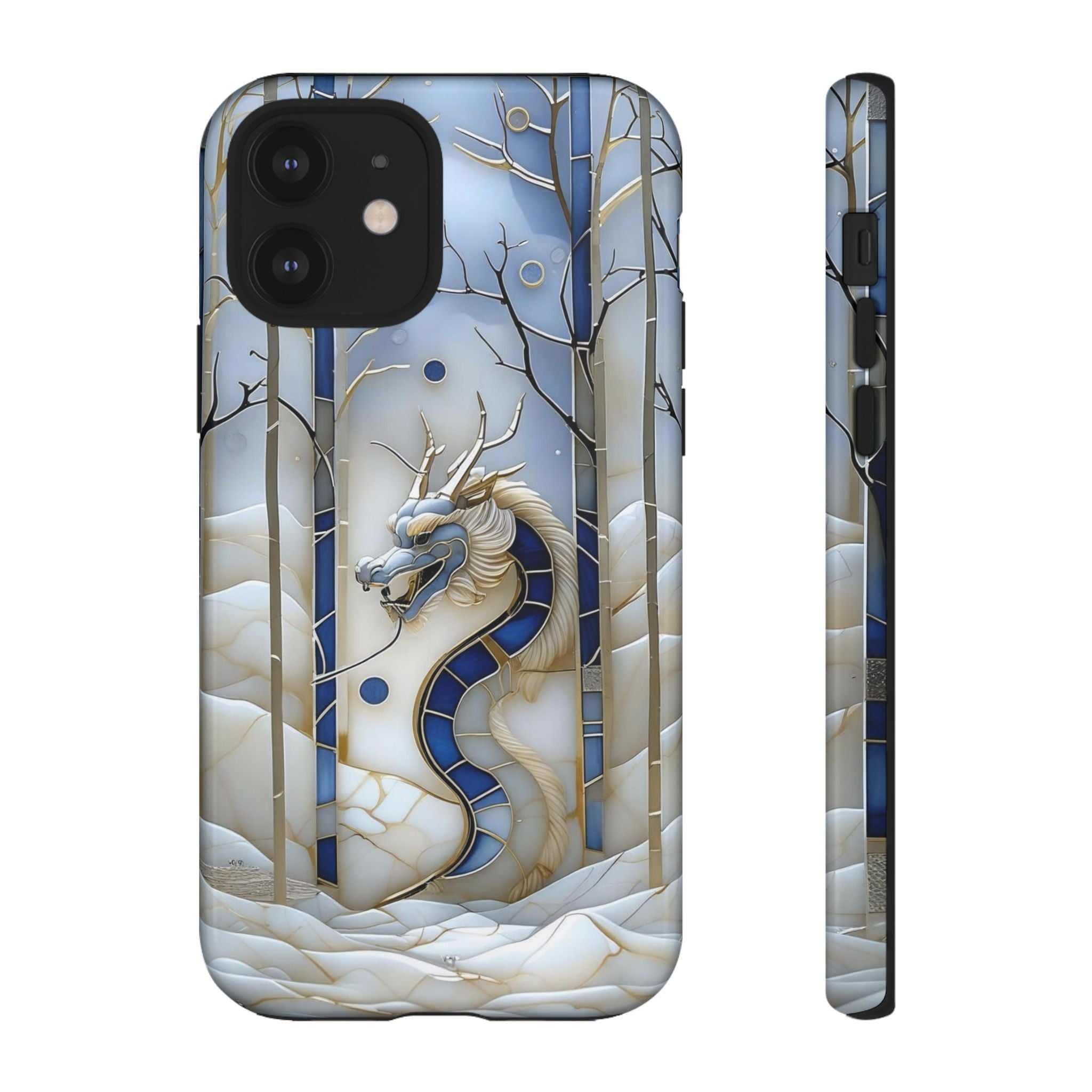 Dragon Stained Glass iPhone Case — Blue Winter Forest Protective Cover