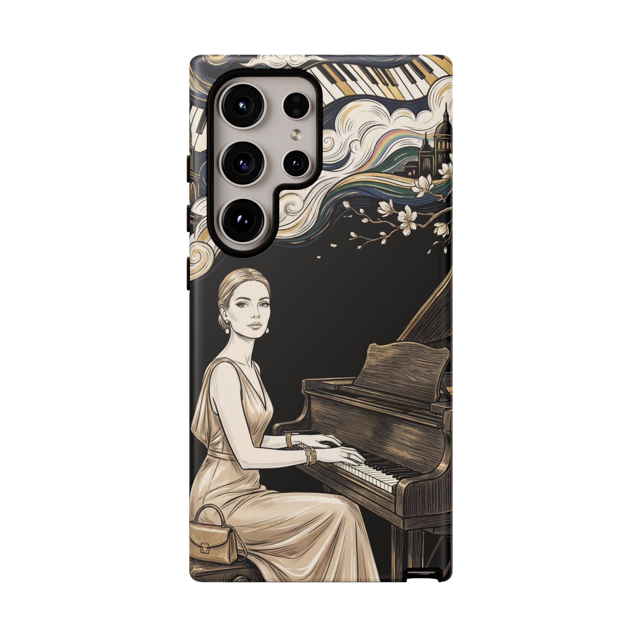 Elegant Piano Woman Samsung Galaxy Phone Case | Vintage Art Deco Music Design