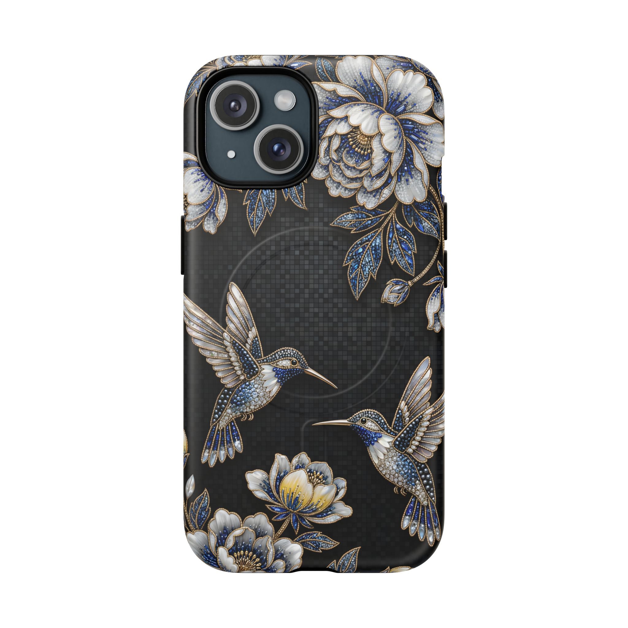 Hummingbird & Peony Floral MagSafe iPhone Case | Elegant Black Protective Cover