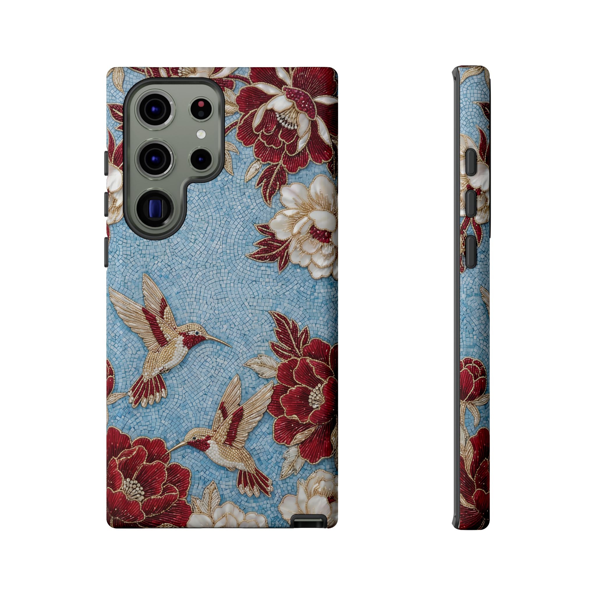 Floral Hummingbird Tough Samsung Galaxy Phone Case | Vintage Blue & Burgundy Botanical Design