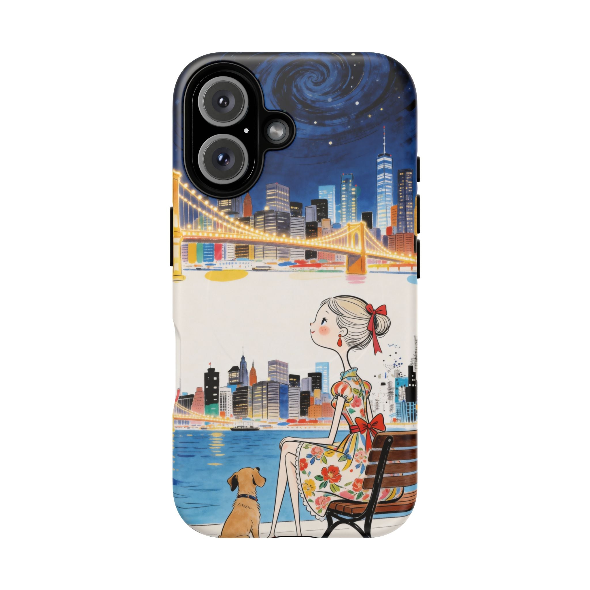 City Night MagSafe iPhone Case | Cute Girl & Dog Bench Illustration