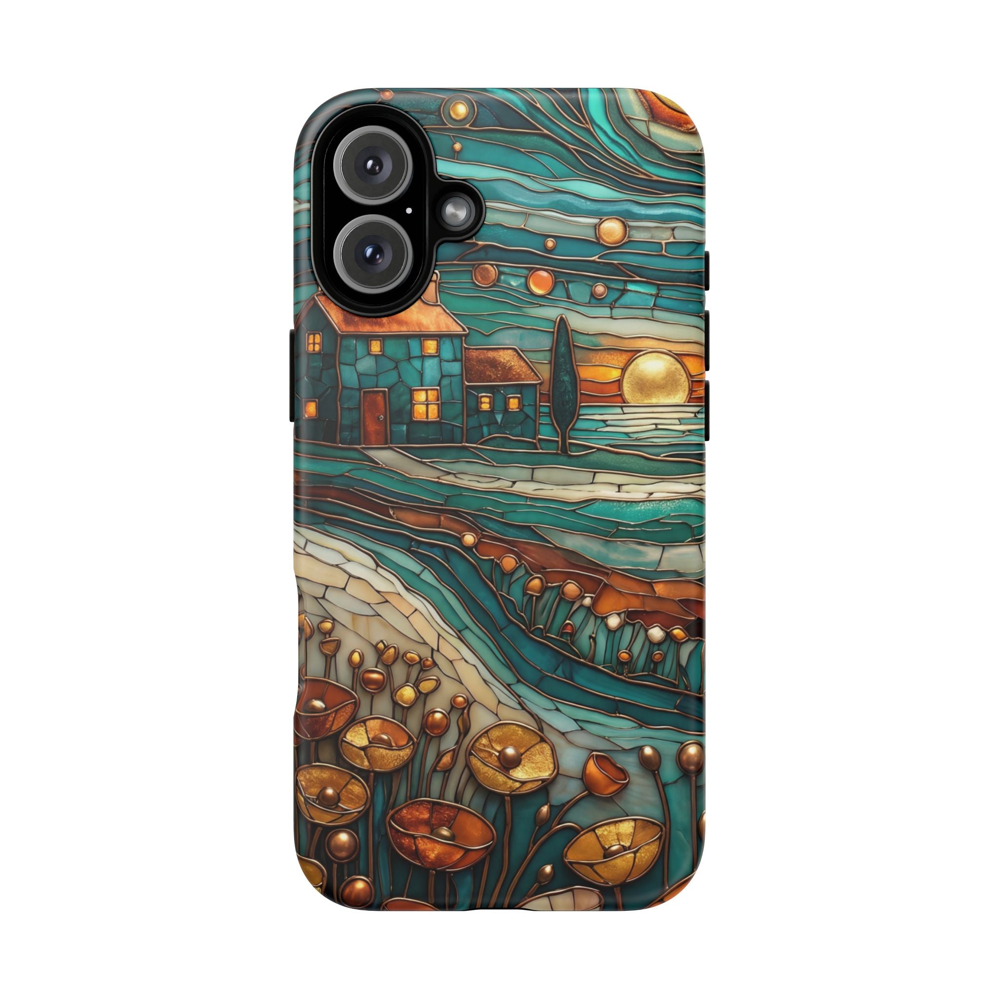 Artistic Sunset Cottage iPhone Case | Whimsical Floral Landscape Protective Cover