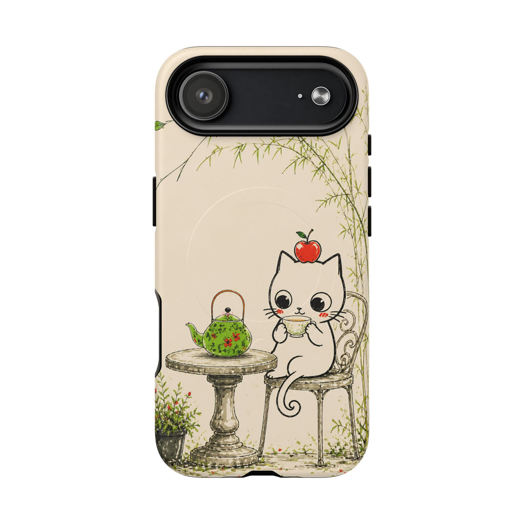 Cute Cat Tea Time MagSafe iPhone Case | Kawaii Kitten with Apple Design