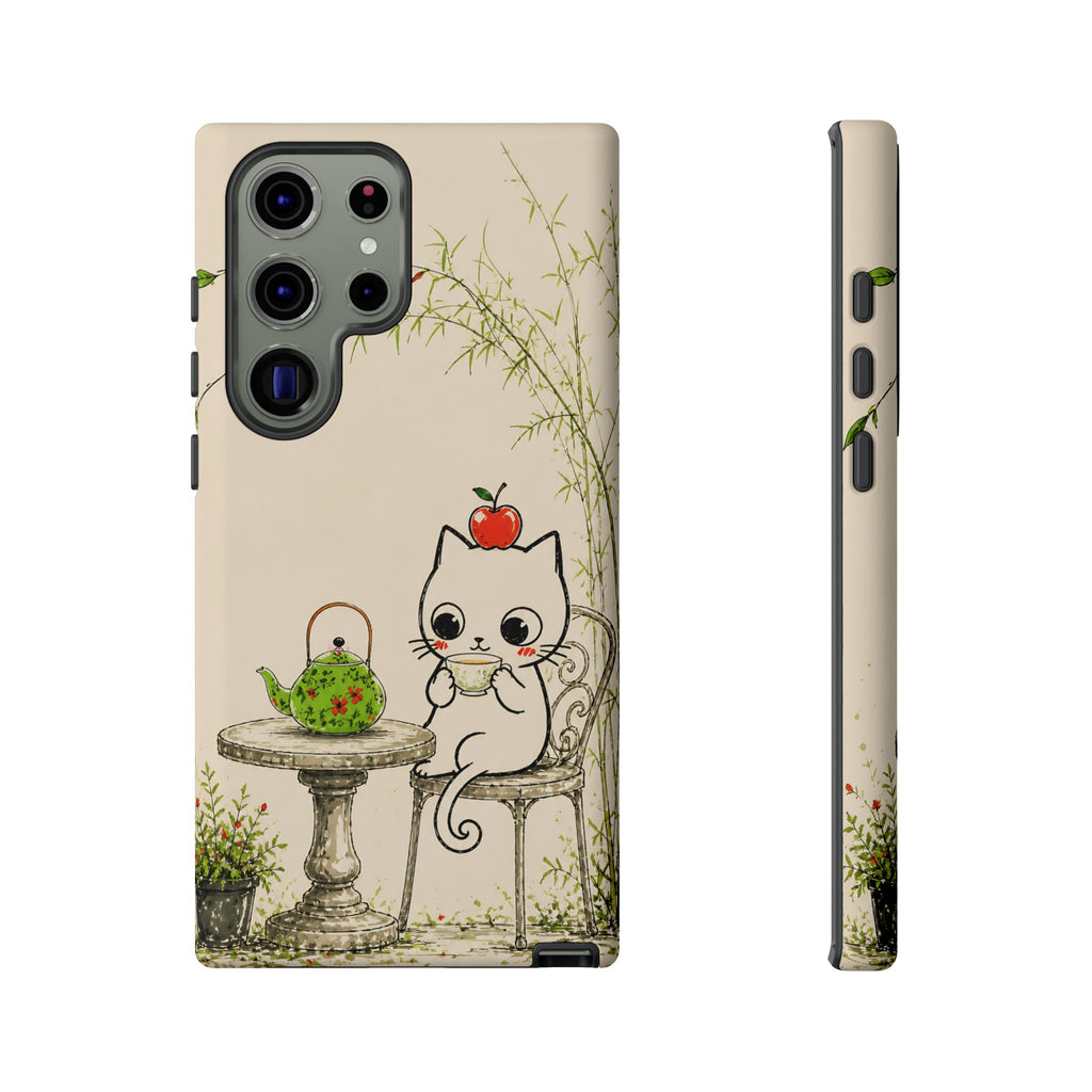 Cute Cat Tea Time Samsung Galaxy Phone Case | Kawaii Kitten with Apple Design