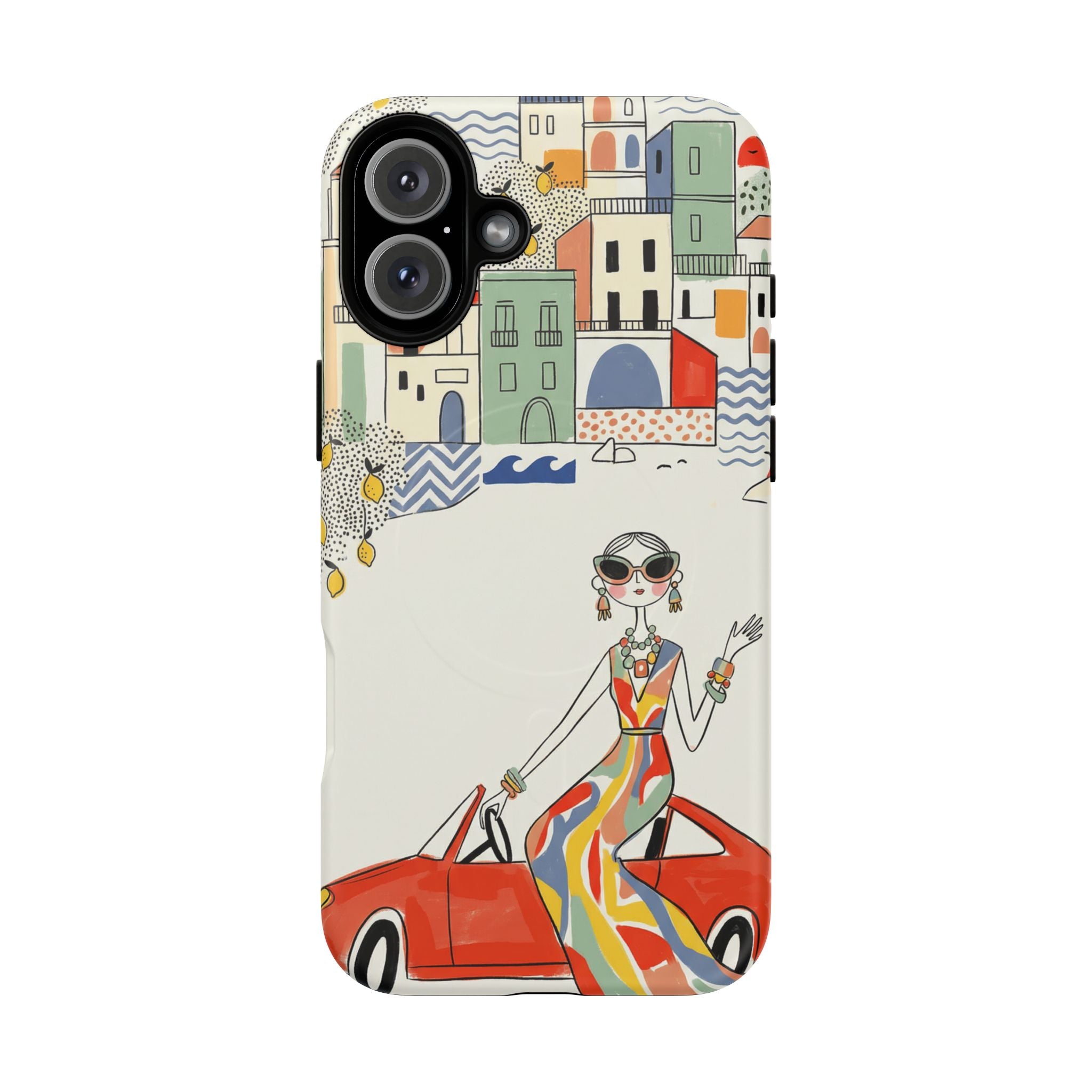 Stylish Riviera MagSafe iPhone Case | Chic Retro Woman in Convertible Design