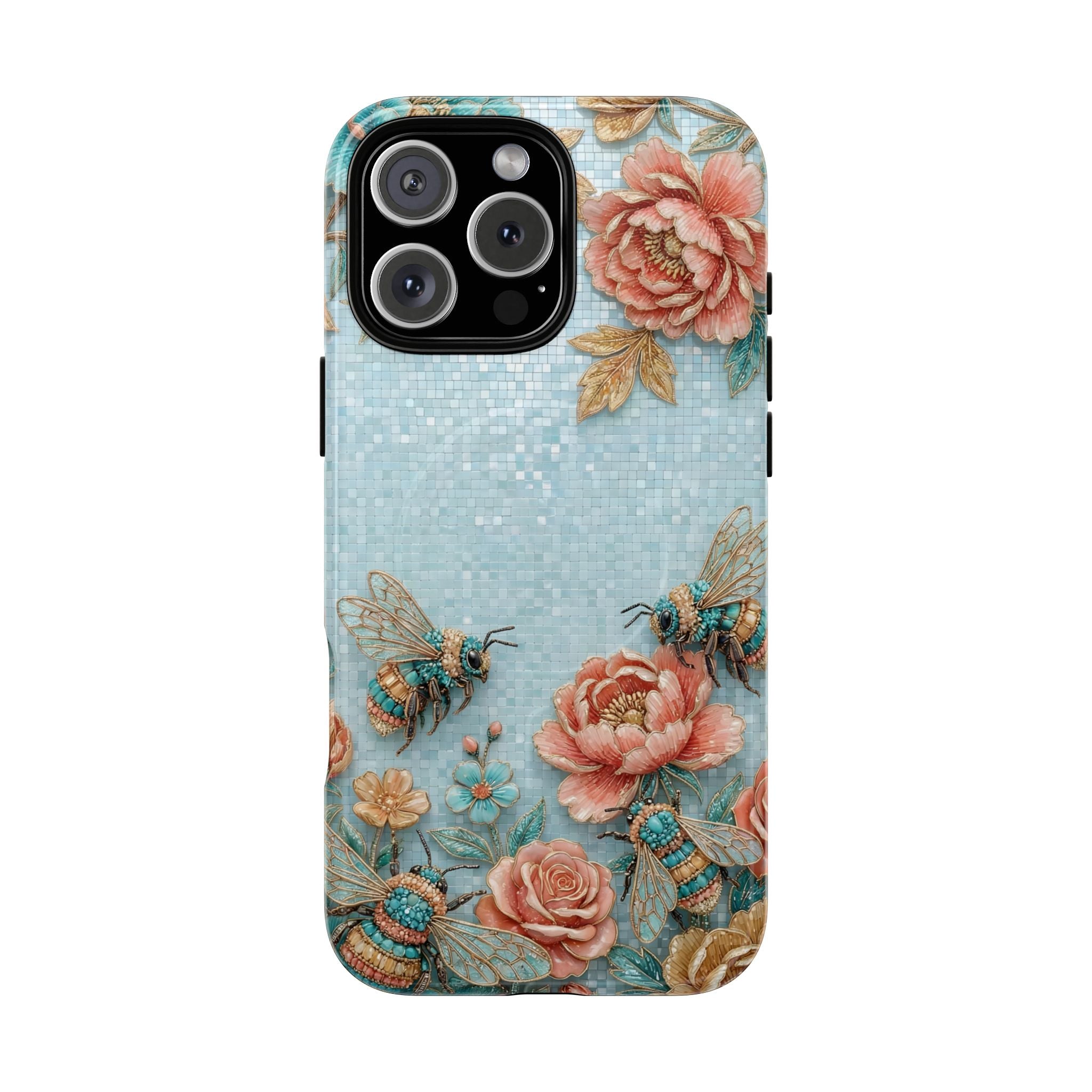 Floral Bees MagSafe iPhone Case | Vintage Rose & Turquoise Protective Cover