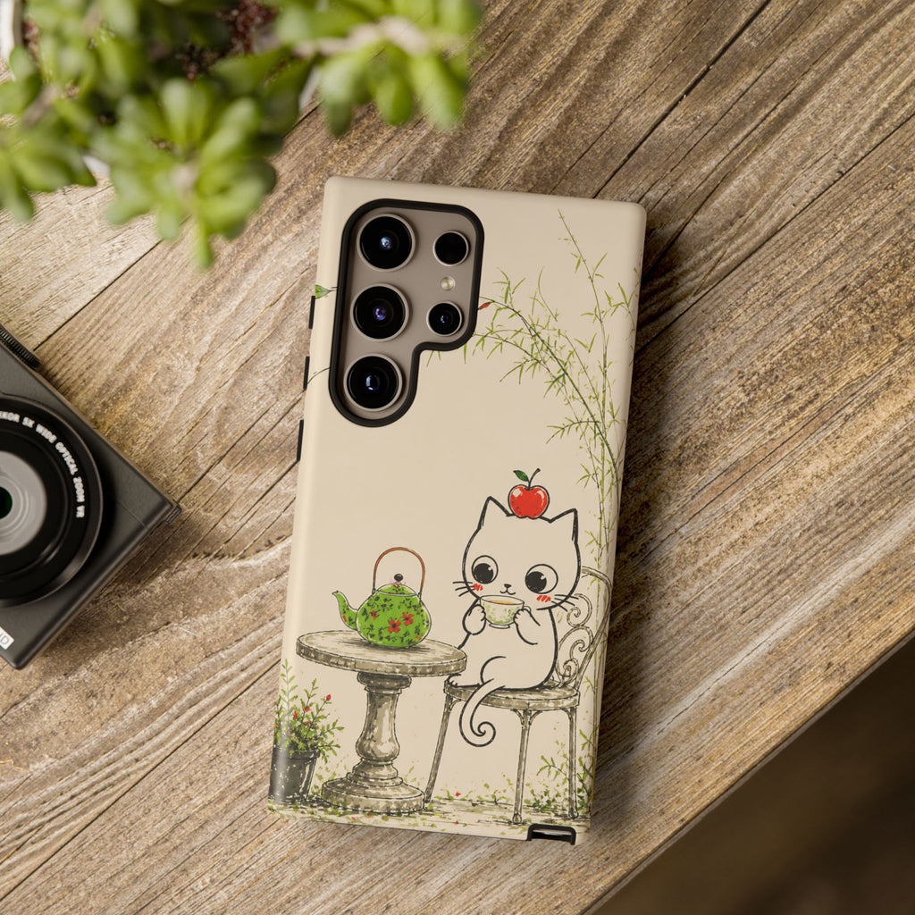 Cute Cat Tea Time Samsung Galaxy Phone Case | Kawaii Kitten with Apple Design