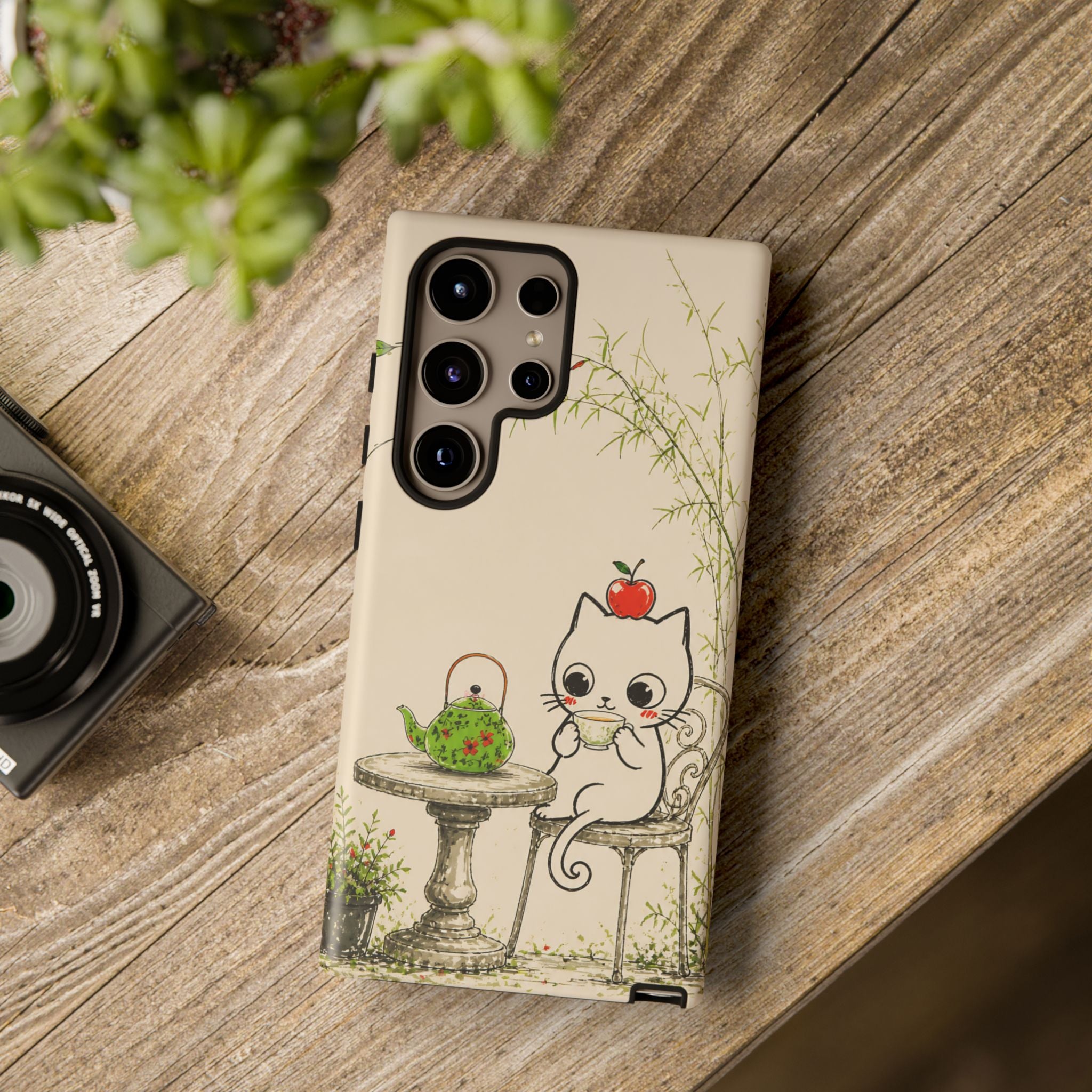 Cute Cat Tea Time Samsung Galaxy Phone Case | Kawaii Kitten with Apple Design