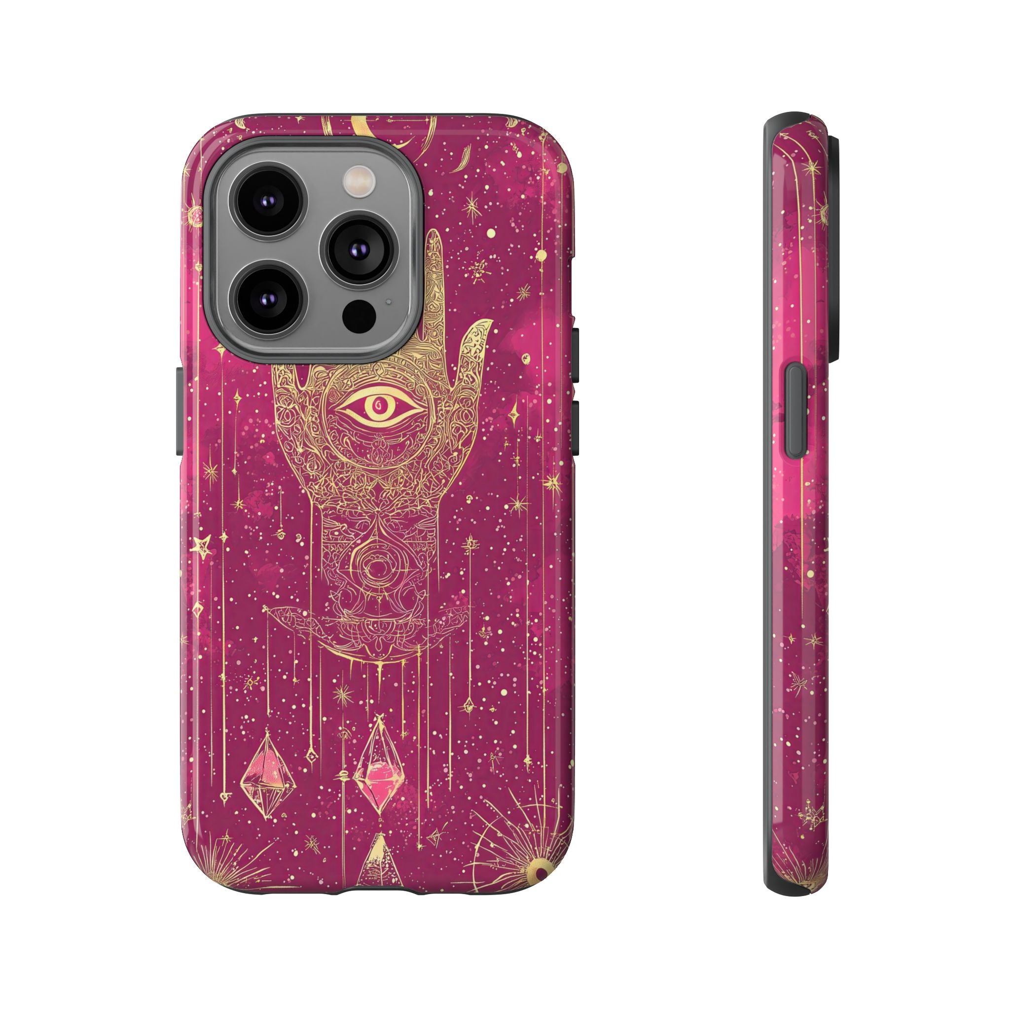 Mystic Hamsa iPhone Case | Gold Palm & All-Seeing Eye on Magenta Galaxy