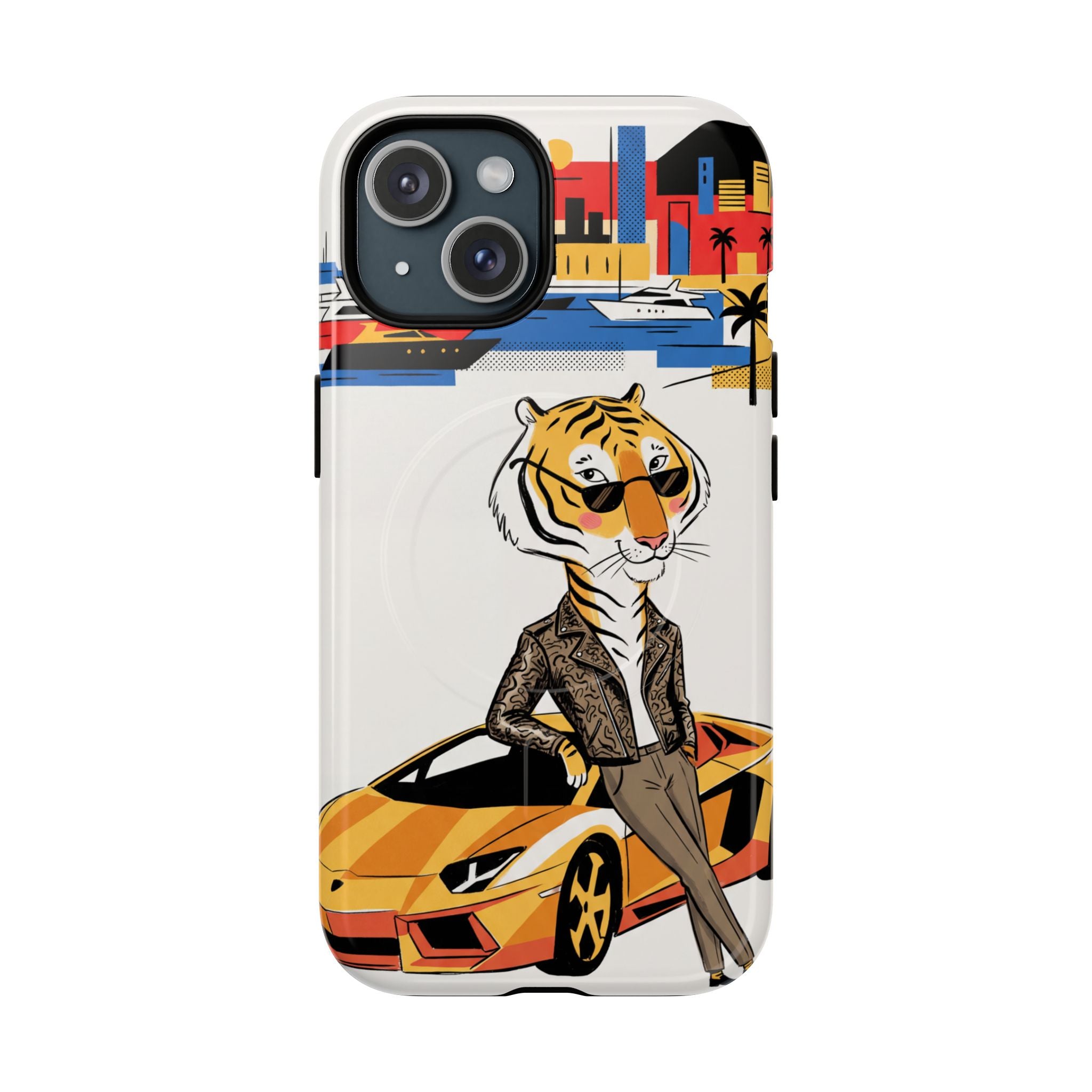 Stylish Tiger with Sports Car Illustration MagSafe iPhone Case